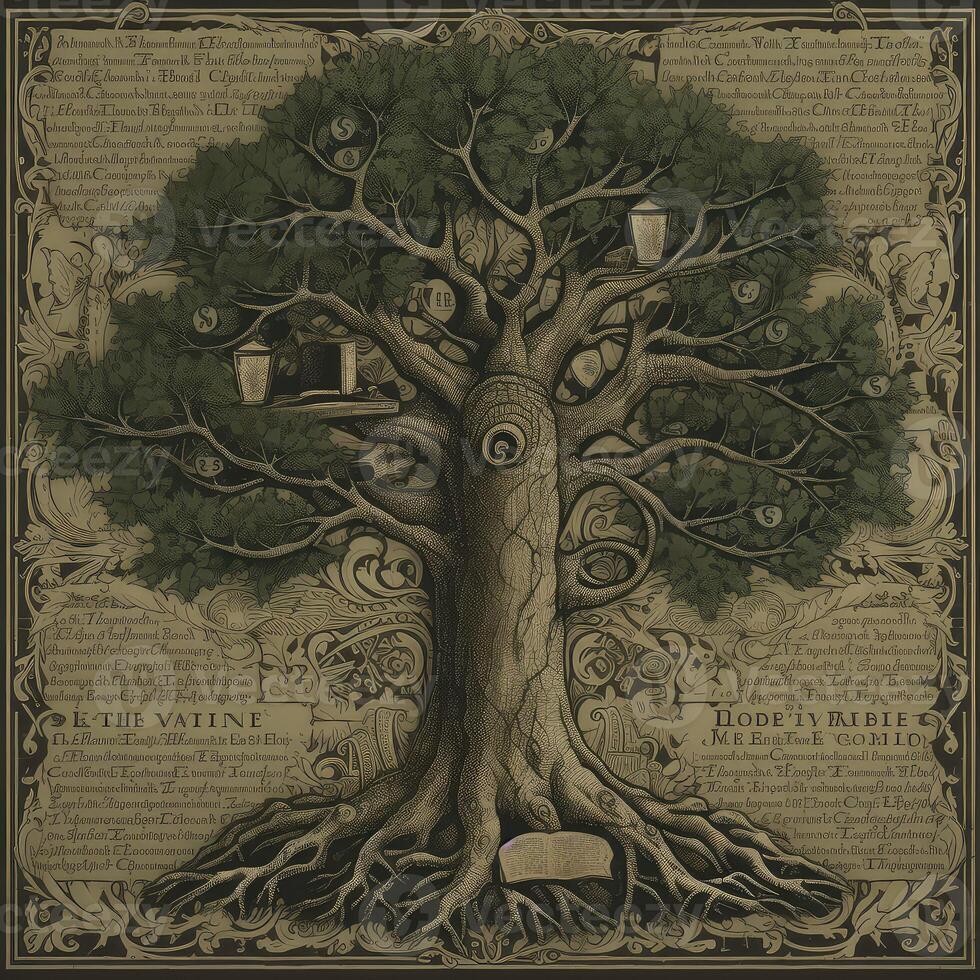 histórico dibujo de un antiguo árbol.. creado con generativo ai foto