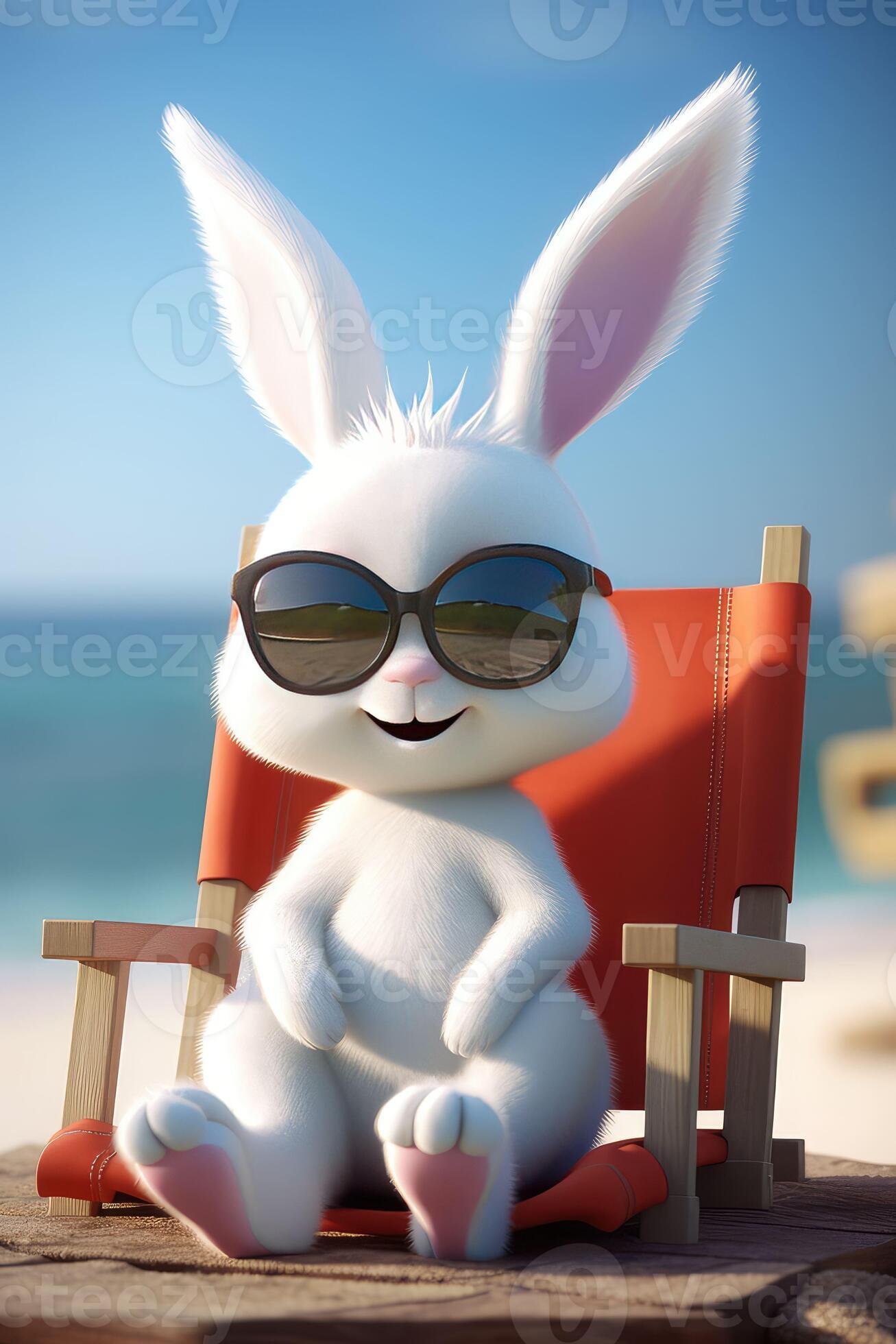 White rabbit sunbathing on the beach in black glasses.. Created with