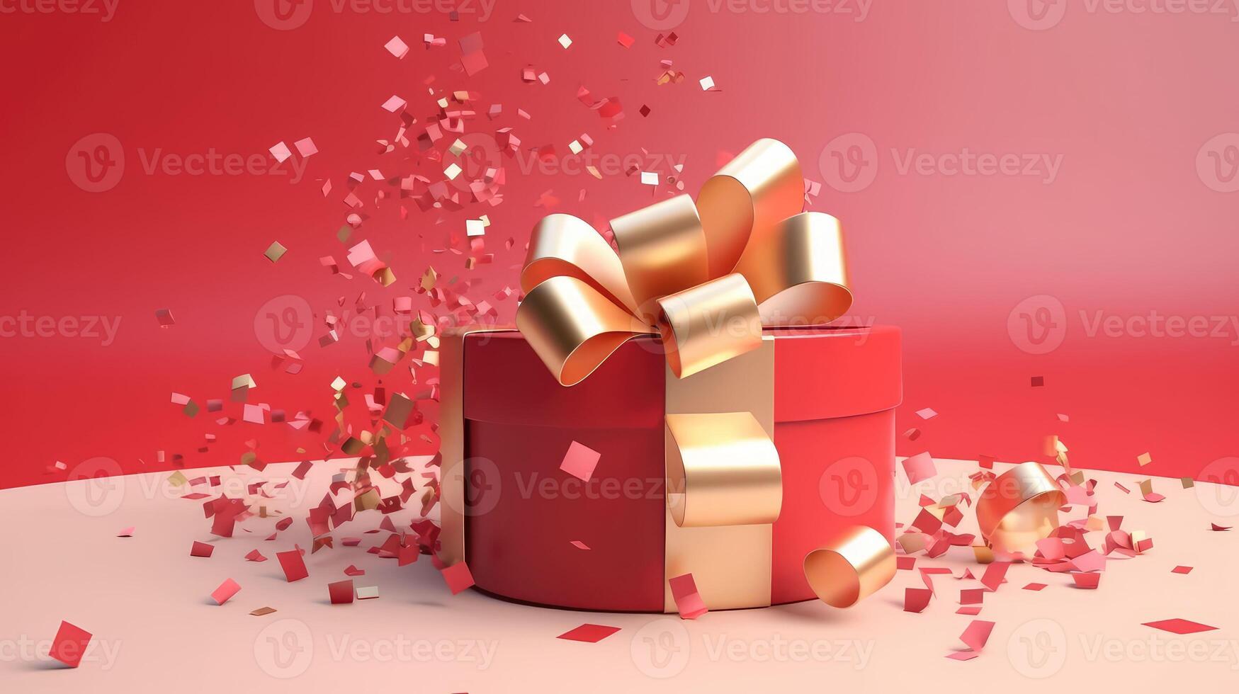 Gift box with golden ribbon on a beige background. Festive decoration of a gift, surprise..Created with photo