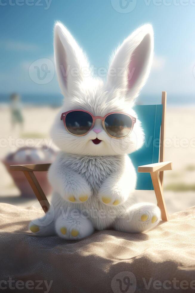 White rabbit sunbathing on the beach in black glasses.. Created with