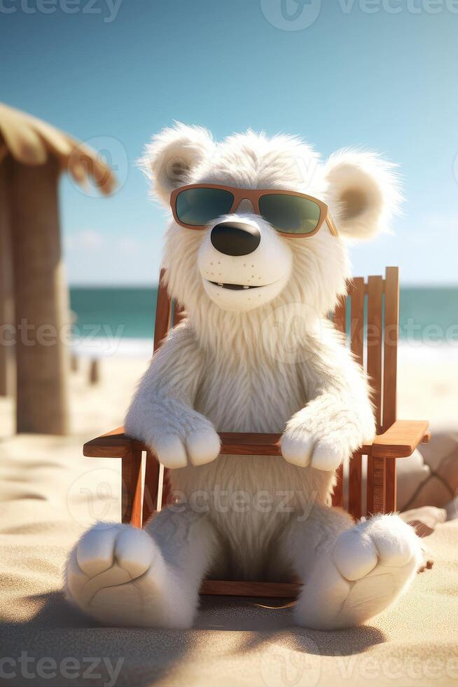 Polar bear sunbathing on the beach in black glasses.. Created with photo