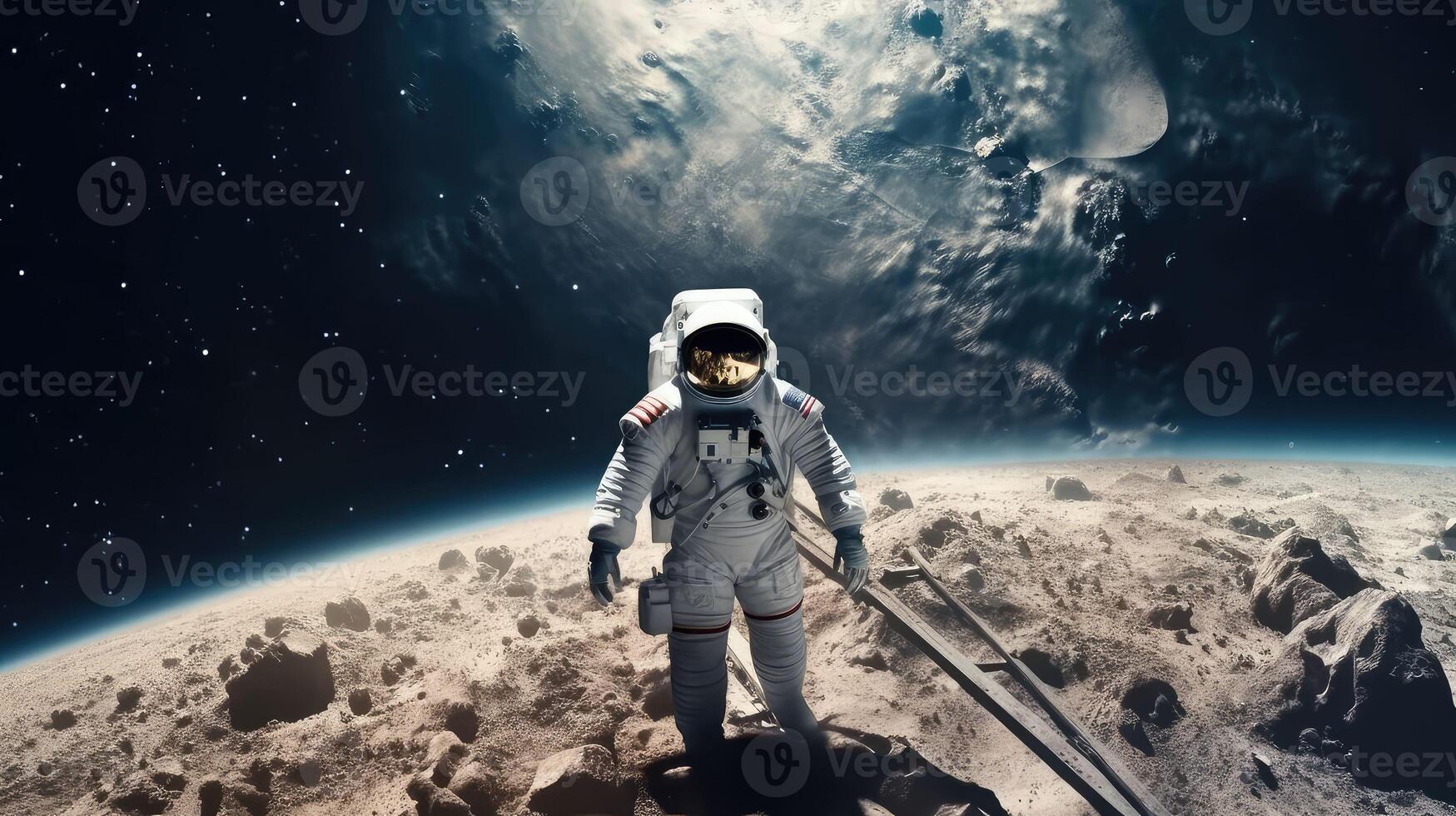 3D realistic, an astronaut in a spacesuit flies in space against the background of the planet.. Created with photo