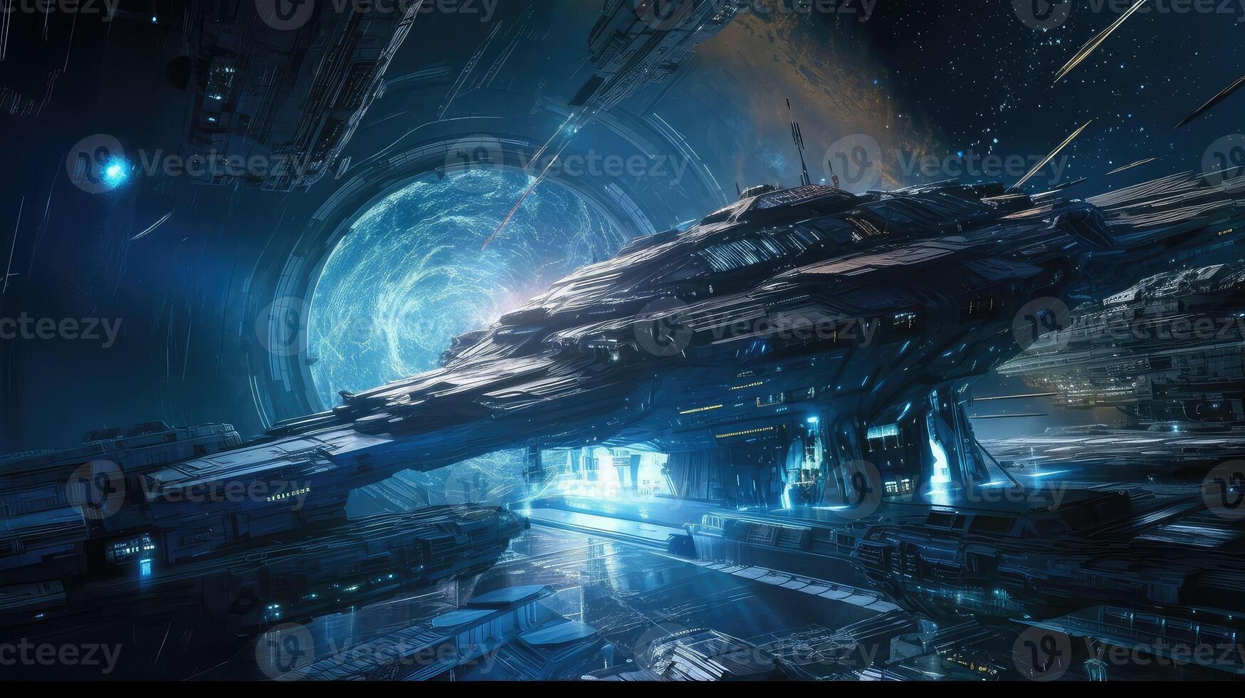 Grunge Spaceship interior with black background 3D rendering.. Created with photo