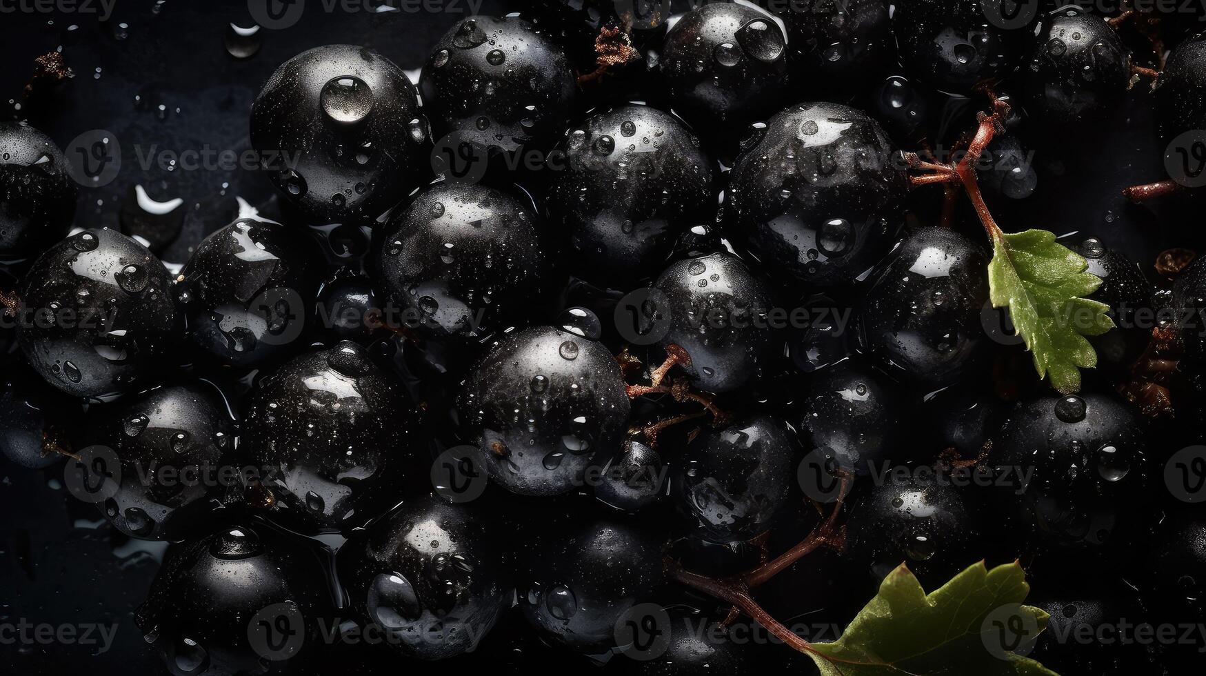 Juicy berries of black currant, background, Water droplets on black currant.. Created with photo
