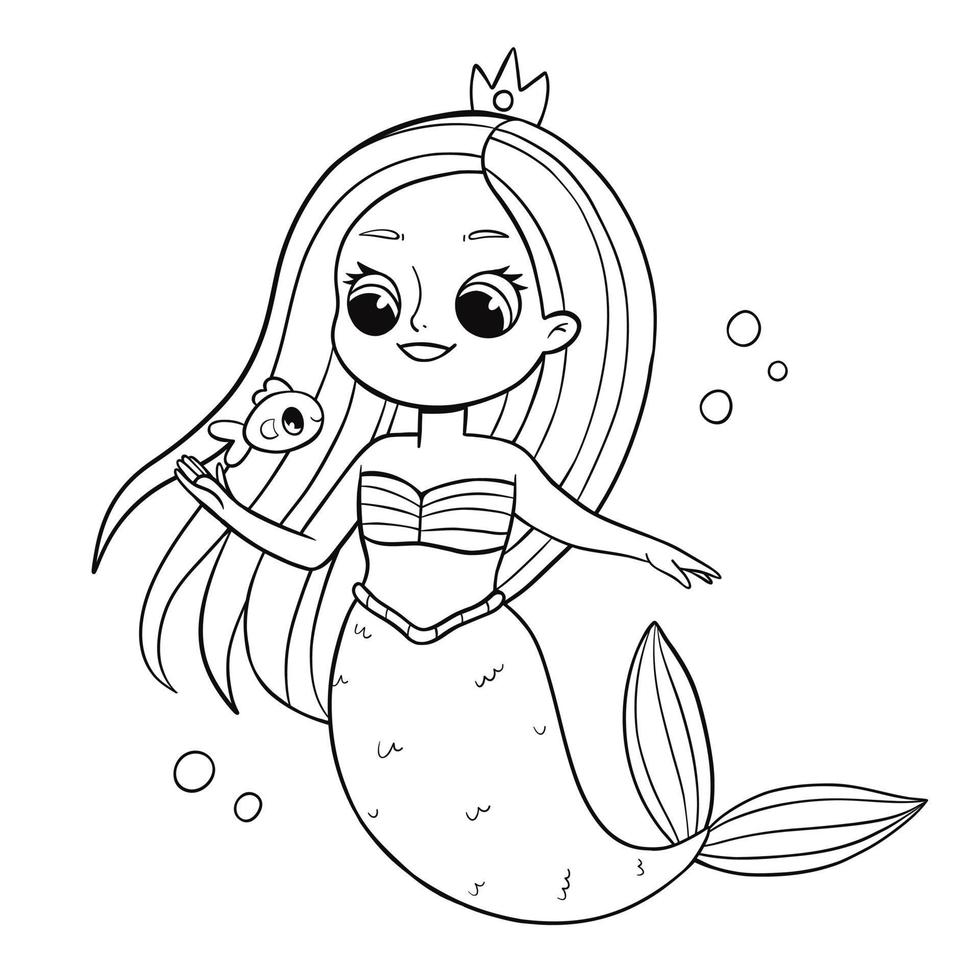 Mermaid coloring book for kids. Little mermaid with fish Coloring page. Monochrome black and white illustration. Vector children's illustration.