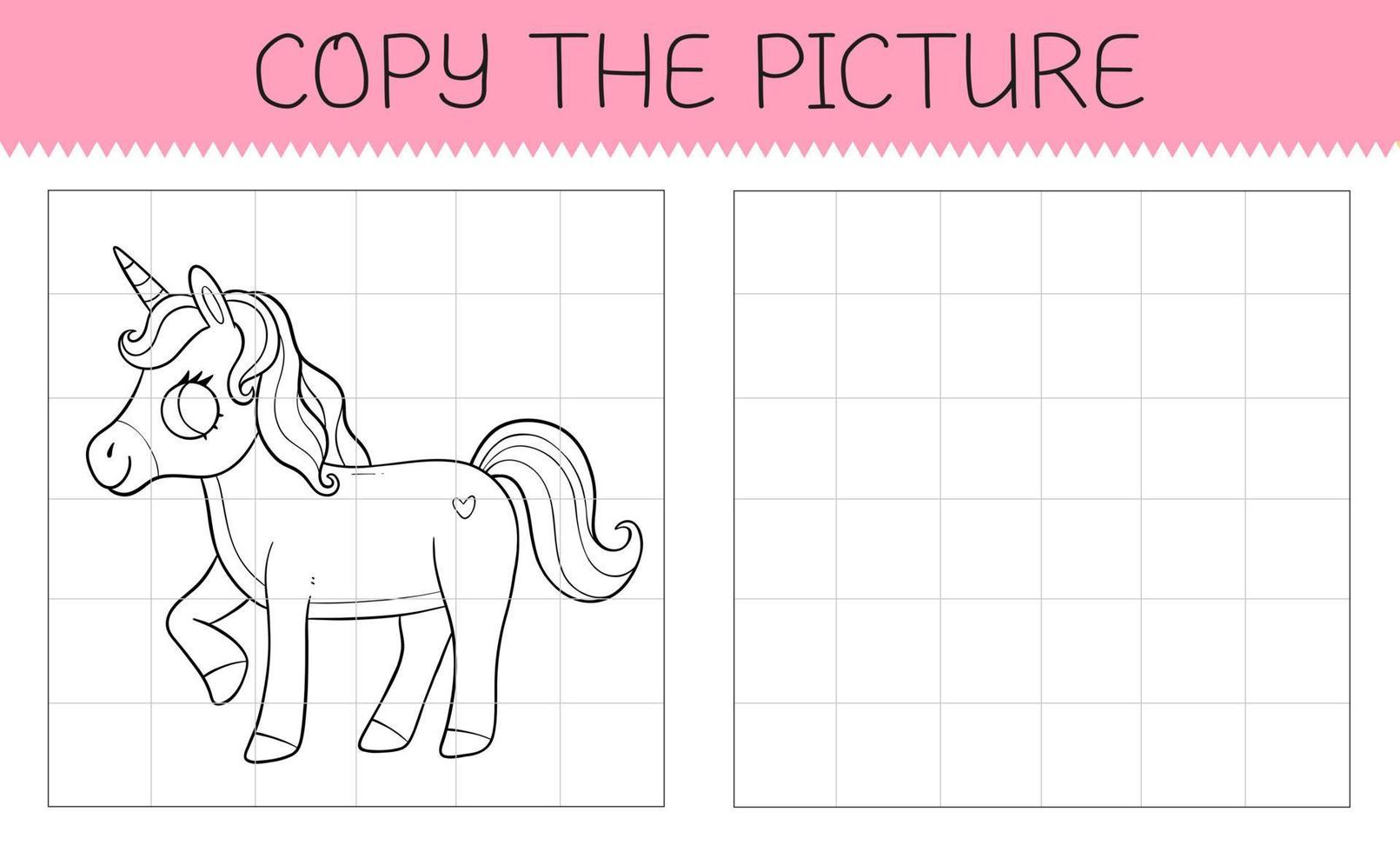 Copy the picture is an educational game for kids with cute unicorn. Cute cartoon unicorn coloring book. Vector illustration.
