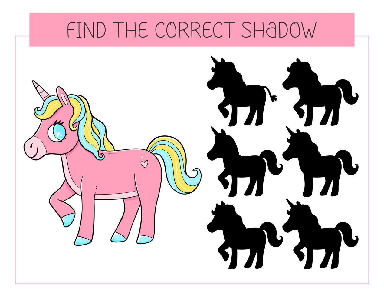 Find the correct shadow game with unicorn. Educational game for children. Cute cartoon horse unicorn. Shadow matching game. Vector illustration.