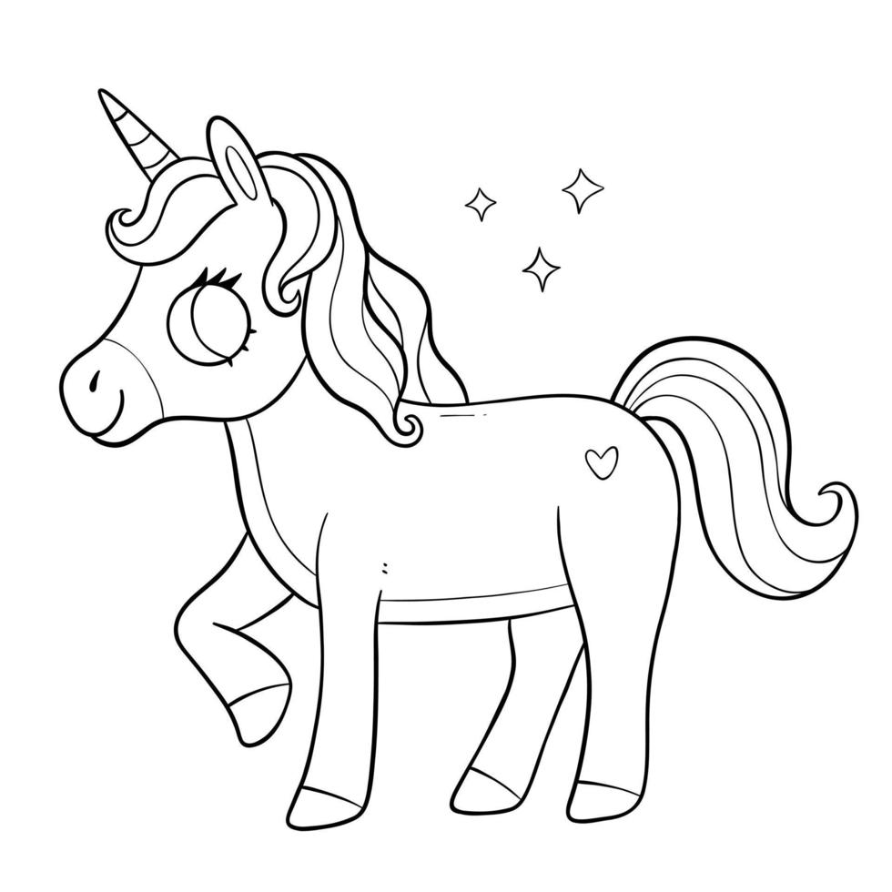 Unicorn coloring book for kids. Horse Coloring page. Monochrome black and white illustration. Vector children's illustration.