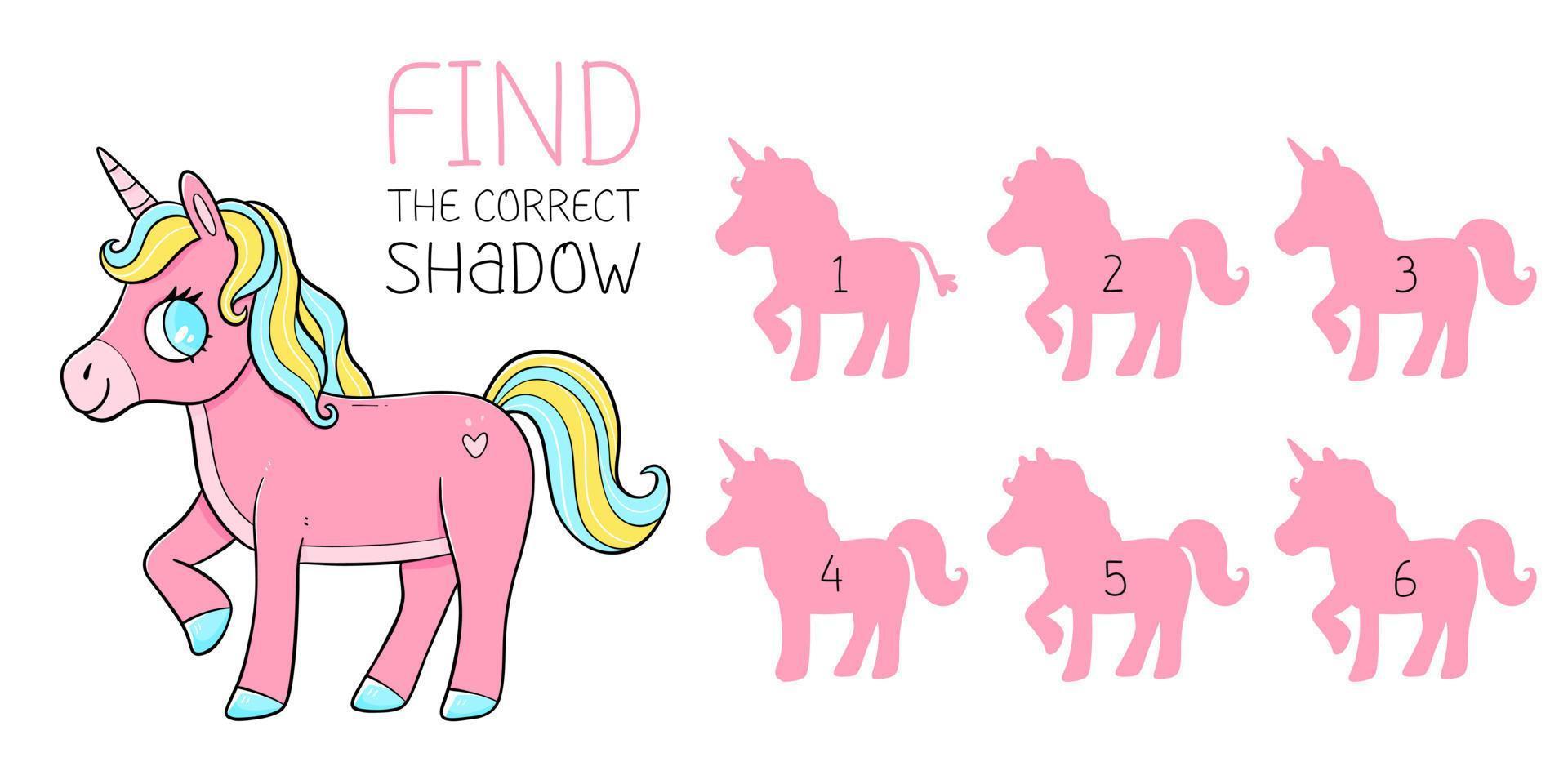 Find the correct shadow game with horse unicorn. Educational game for children. Cute cartoon unicorn. Shadow matching game. Vector illustration.