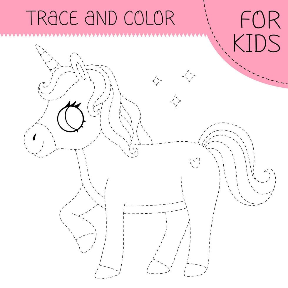 Trace and color coloring book with unicorn for kids. Coloring page with cute cartoon unicorn. Vector square illustration.
