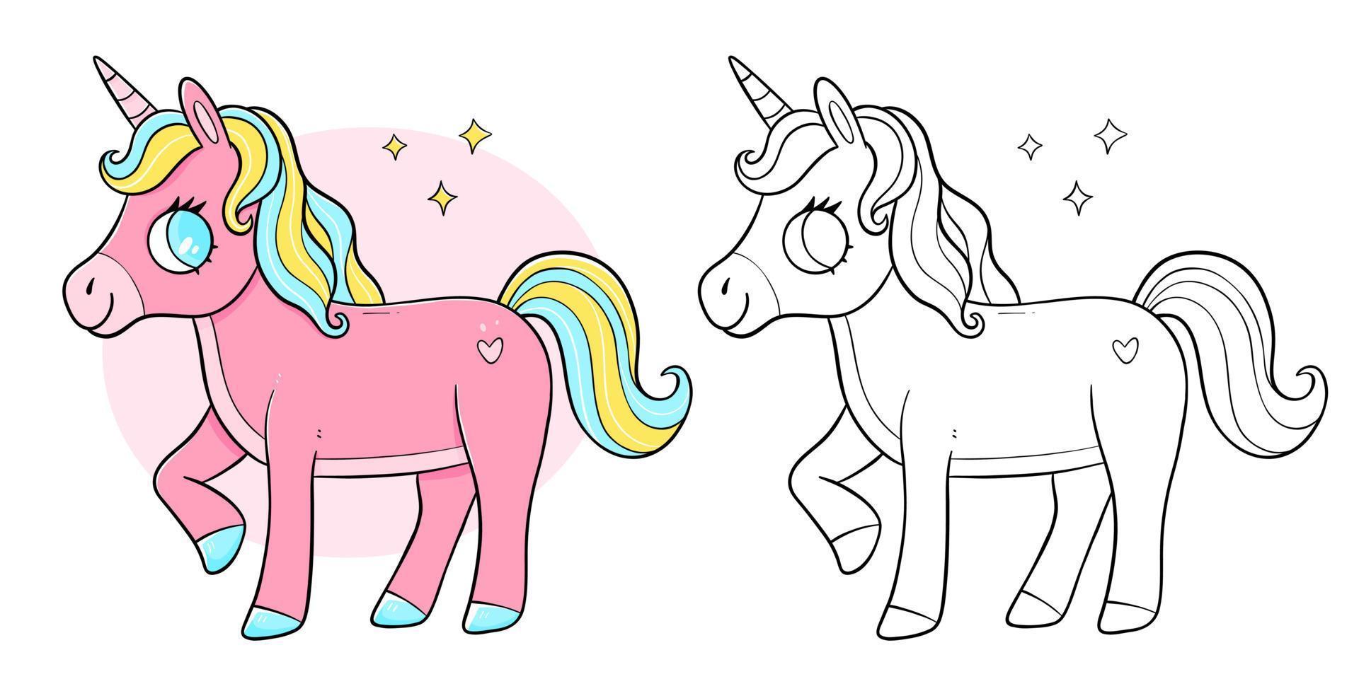 Unicorn coloring book with coloring example for kids. Coloring page with horse unicorn. Monochrome and color version. Vector children's illustration.