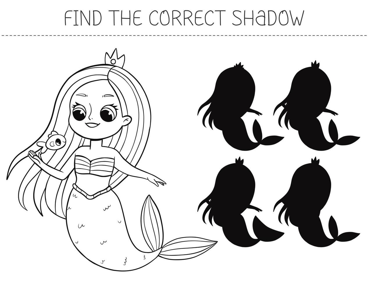 Find the correct shadow coloring book with mermaid. Coloring page educational game for kids. Cute cartoon mermaid. Shadow matching game. Vector illustration.