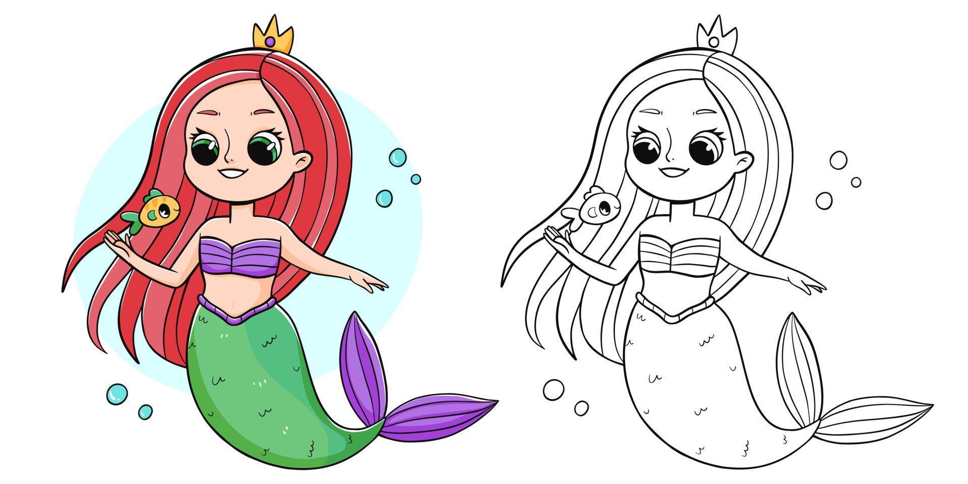 Mermaid coloring book with coloring example for kids. Coloring page with mermaid. Monochrome and color version. Vector children's illustration.