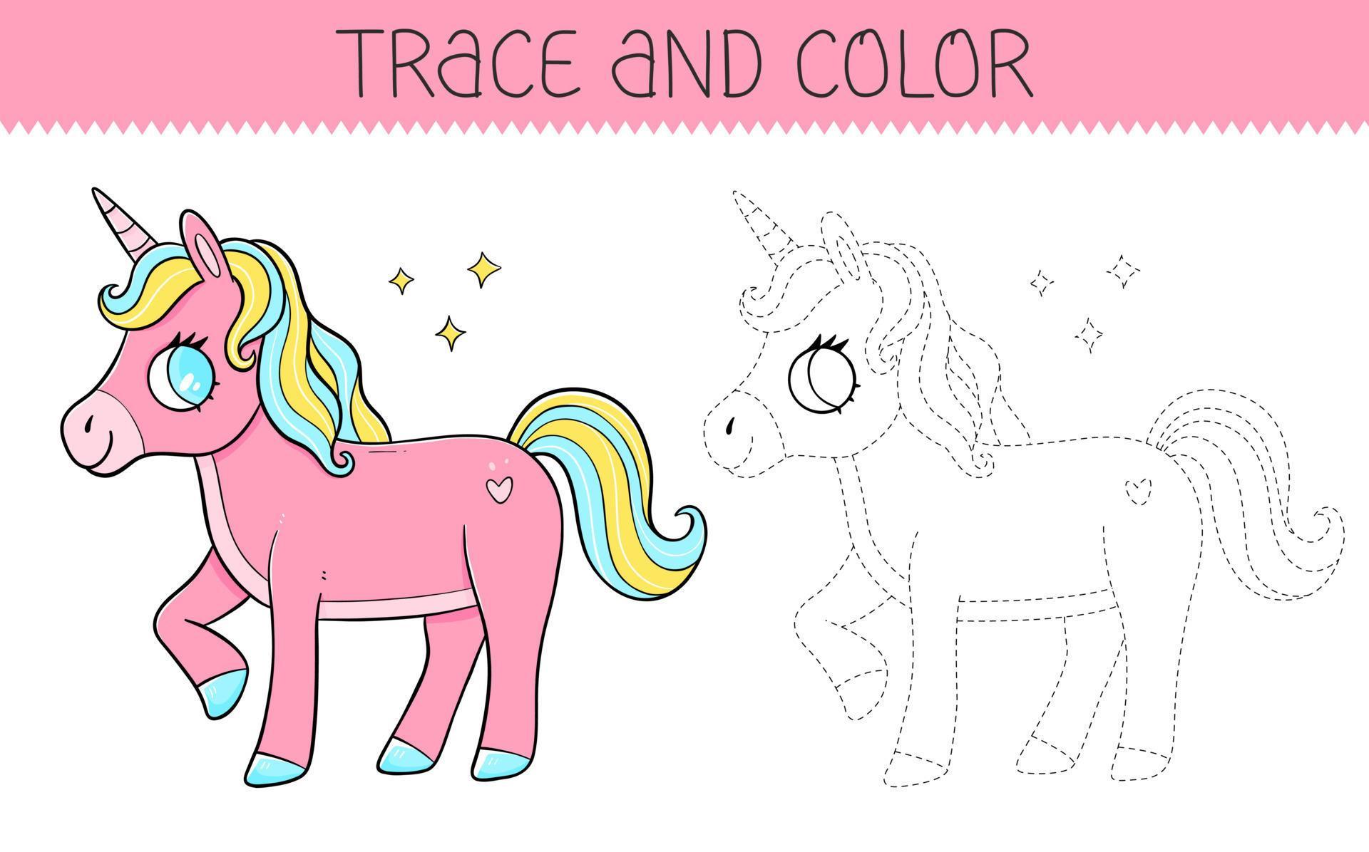 Trace and color coloring book with cute unicorn for kids. Coloring page