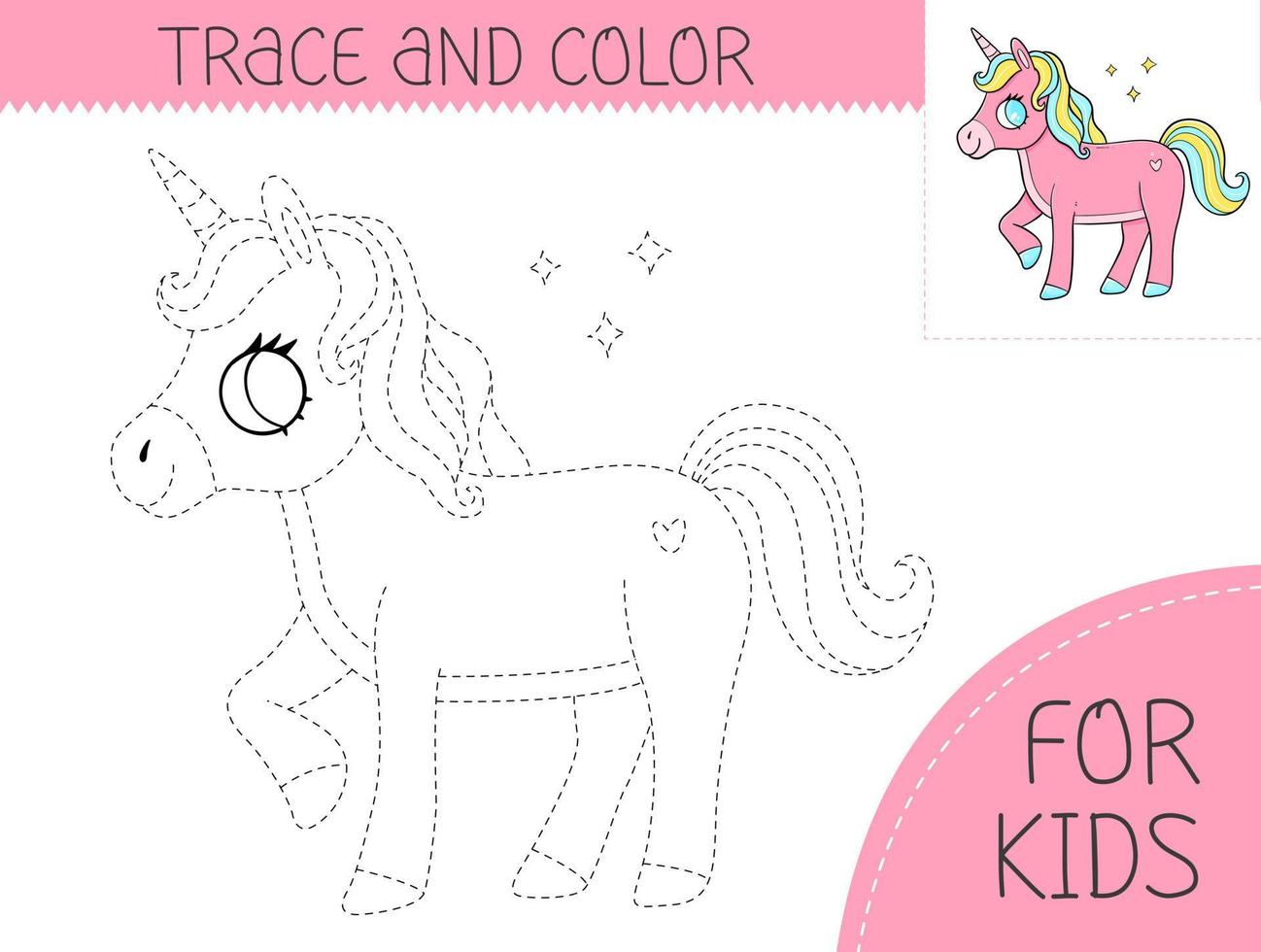 rastro y color colorante libro con linda unicornio para niños. colorante página con dibujos animados unicornio. vector ilustración para niños.