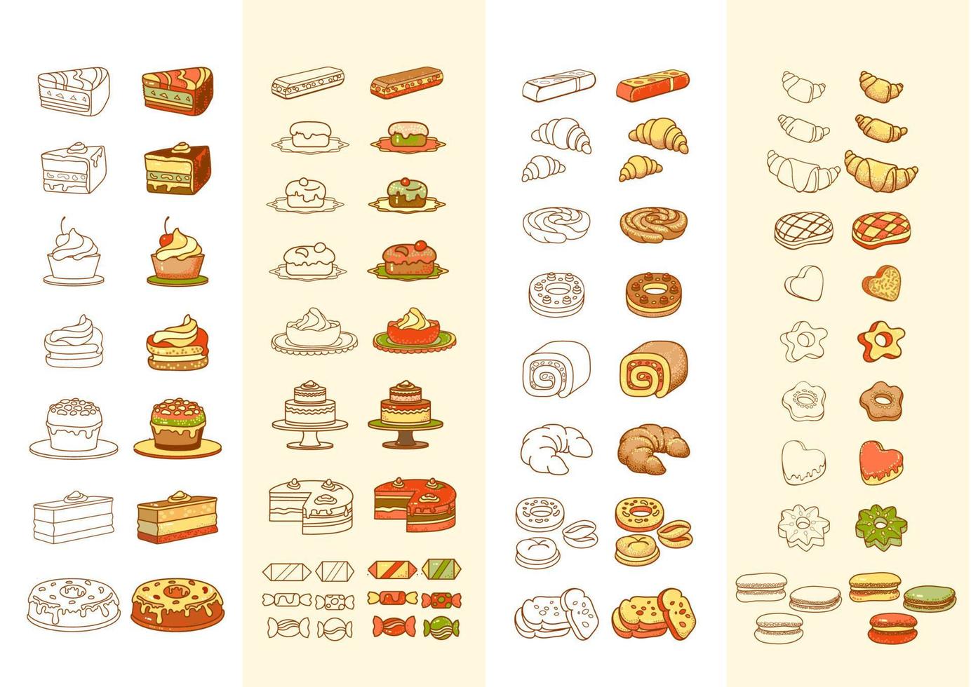 dulces y panadería. postres, y confitería. dibujado a mano vector ilustraciones.