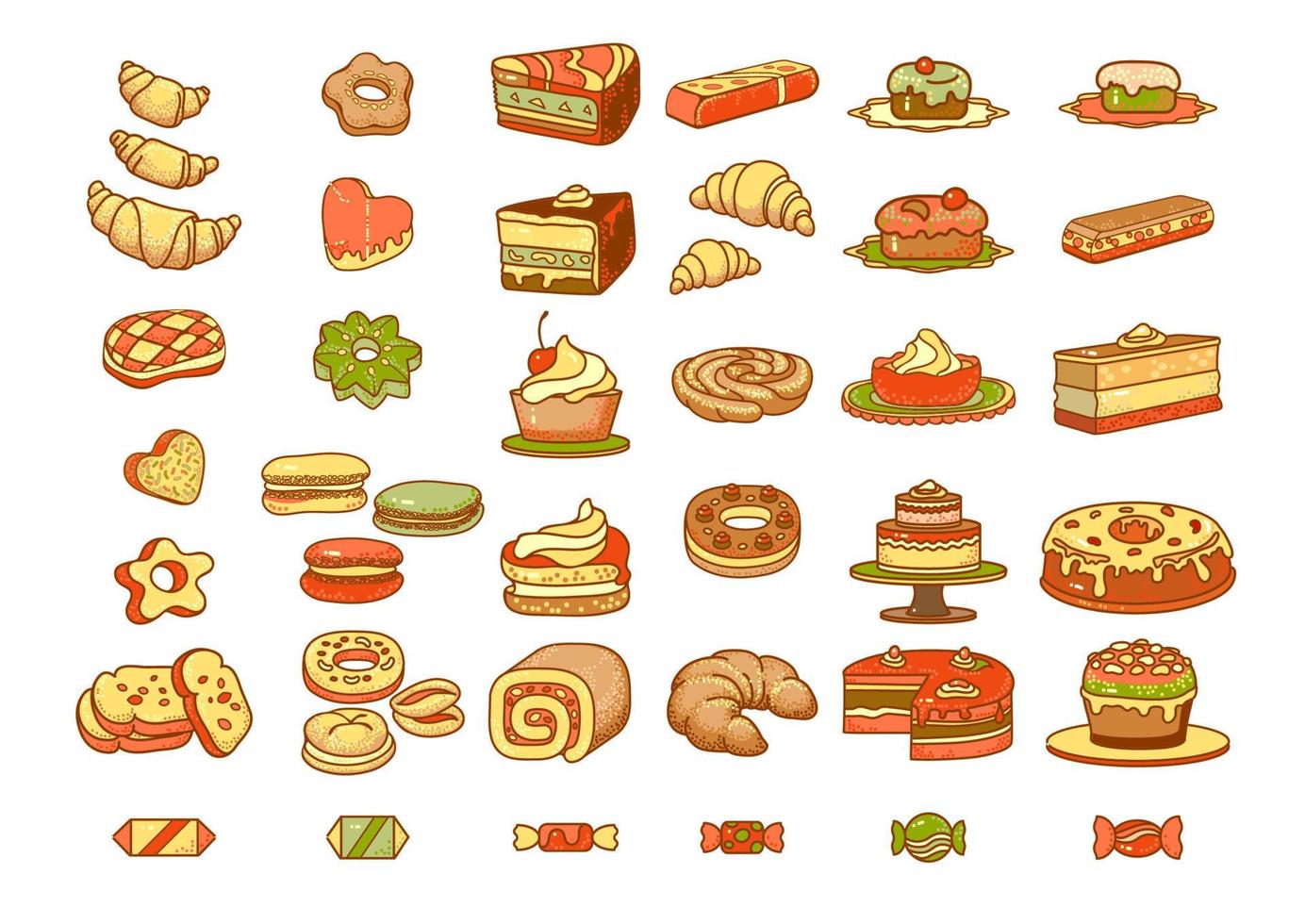 Sweets and bakery. Desserts, and confectionery. Hand-drawn vector illustrations.