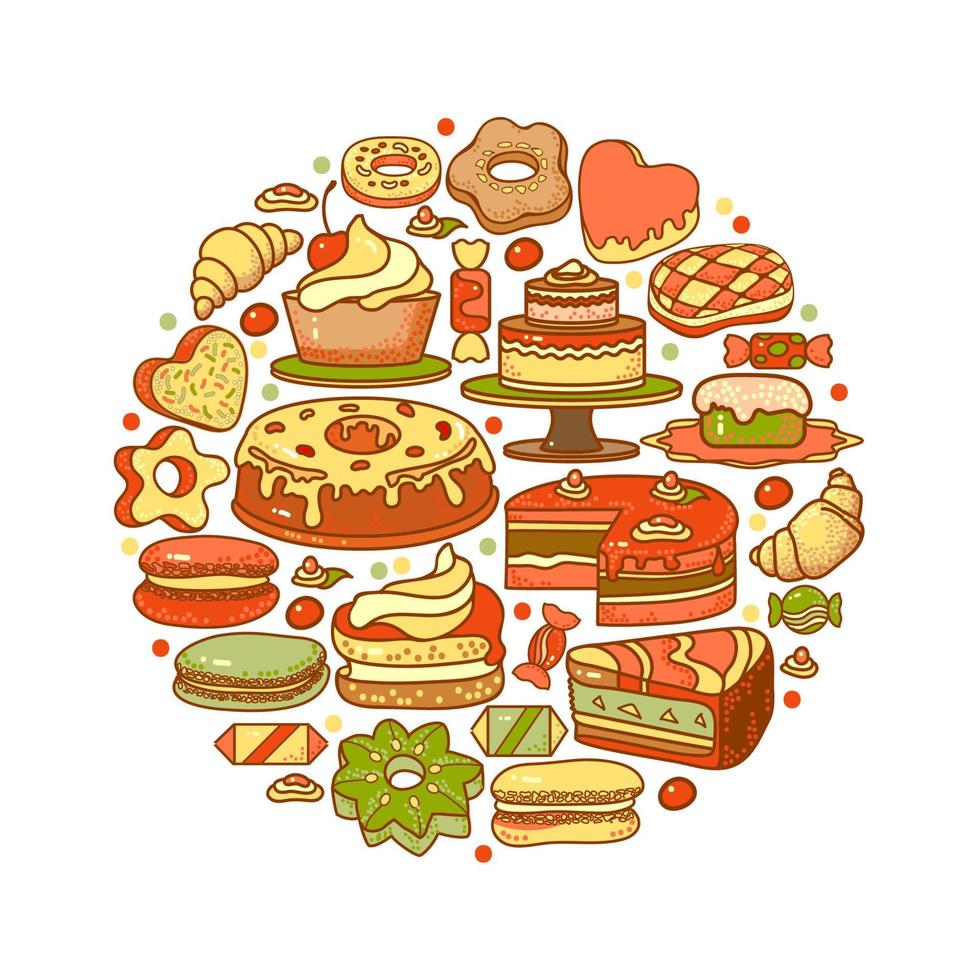 dulces, galletas, confitería, y panadería. circulo formar vector ilustración.