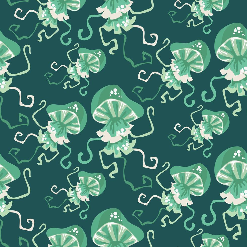 Vector print with a seamless pattern of a green jellyfish on a dark background. Jellyfish swim in different directions. Design of vector illustrations for fashionable fabrics, textile graphics, prints