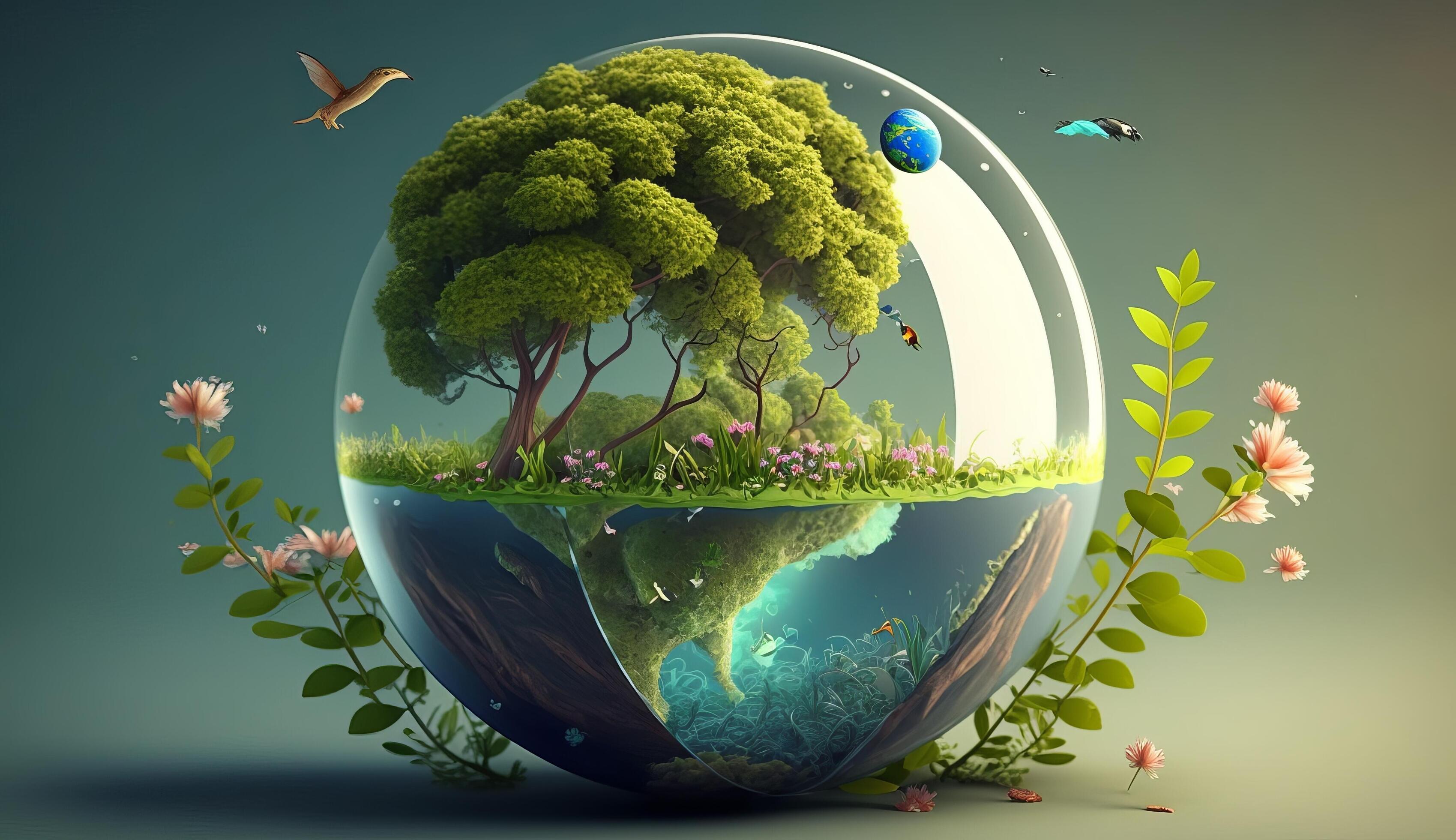 Earth Day tree on the green earth background Generative AI
