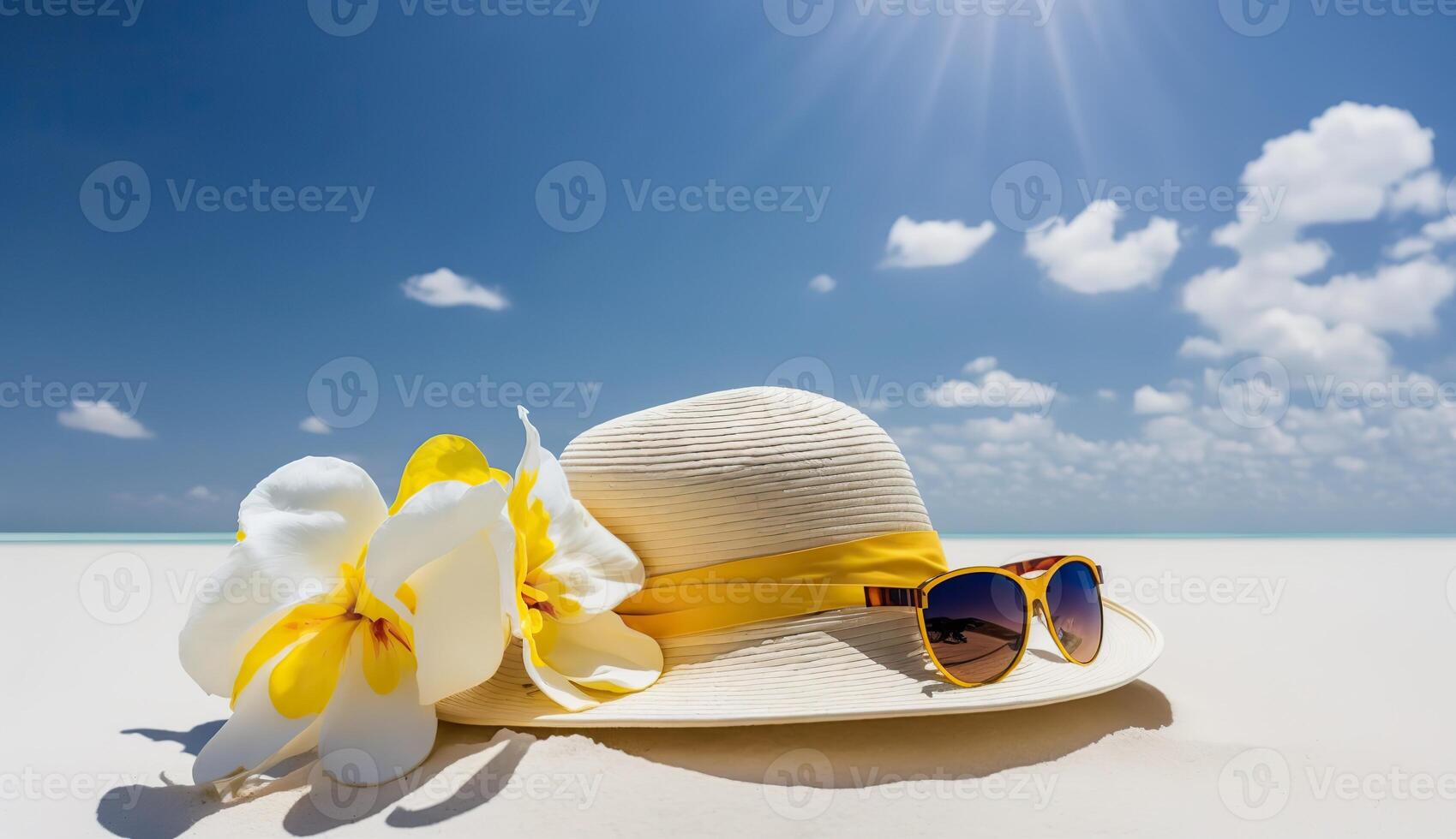 . . Macro photo shot of realistic hat with sunglasses. Beach adventure paradise tropical relax vacation vibe. Graphic Art