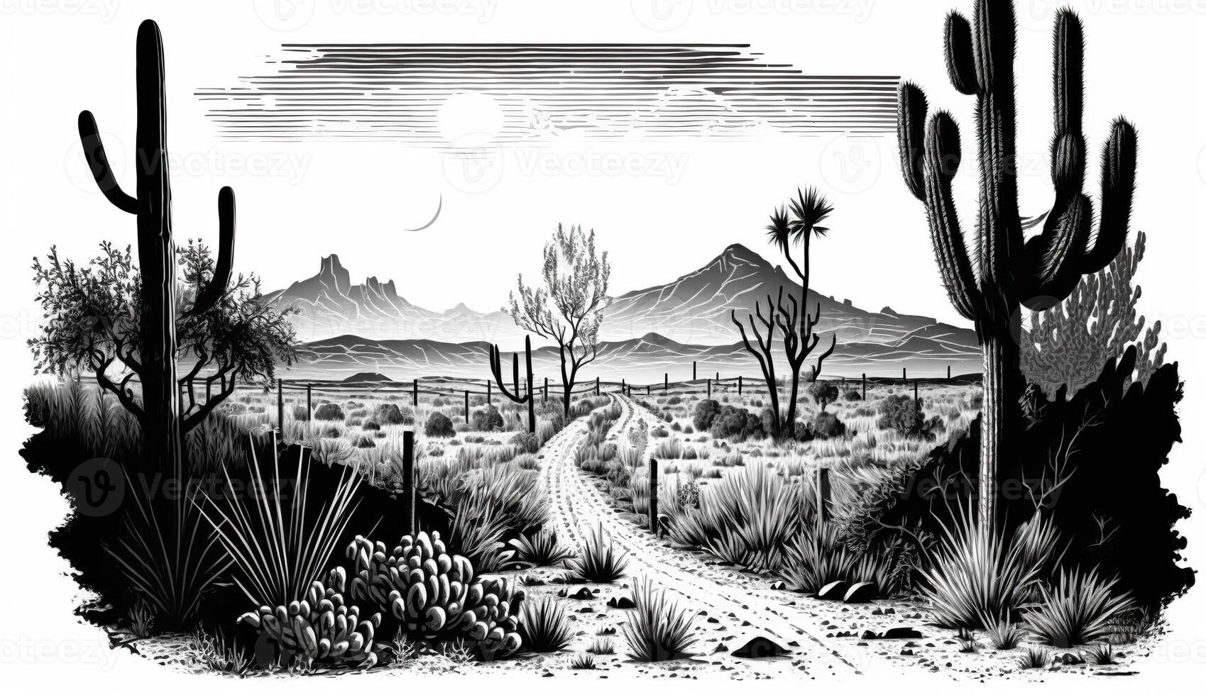 . . Native american western scene background with and rocks landscape. Can be used for home decoration. Wild west. Black and white. Graphic Art photo