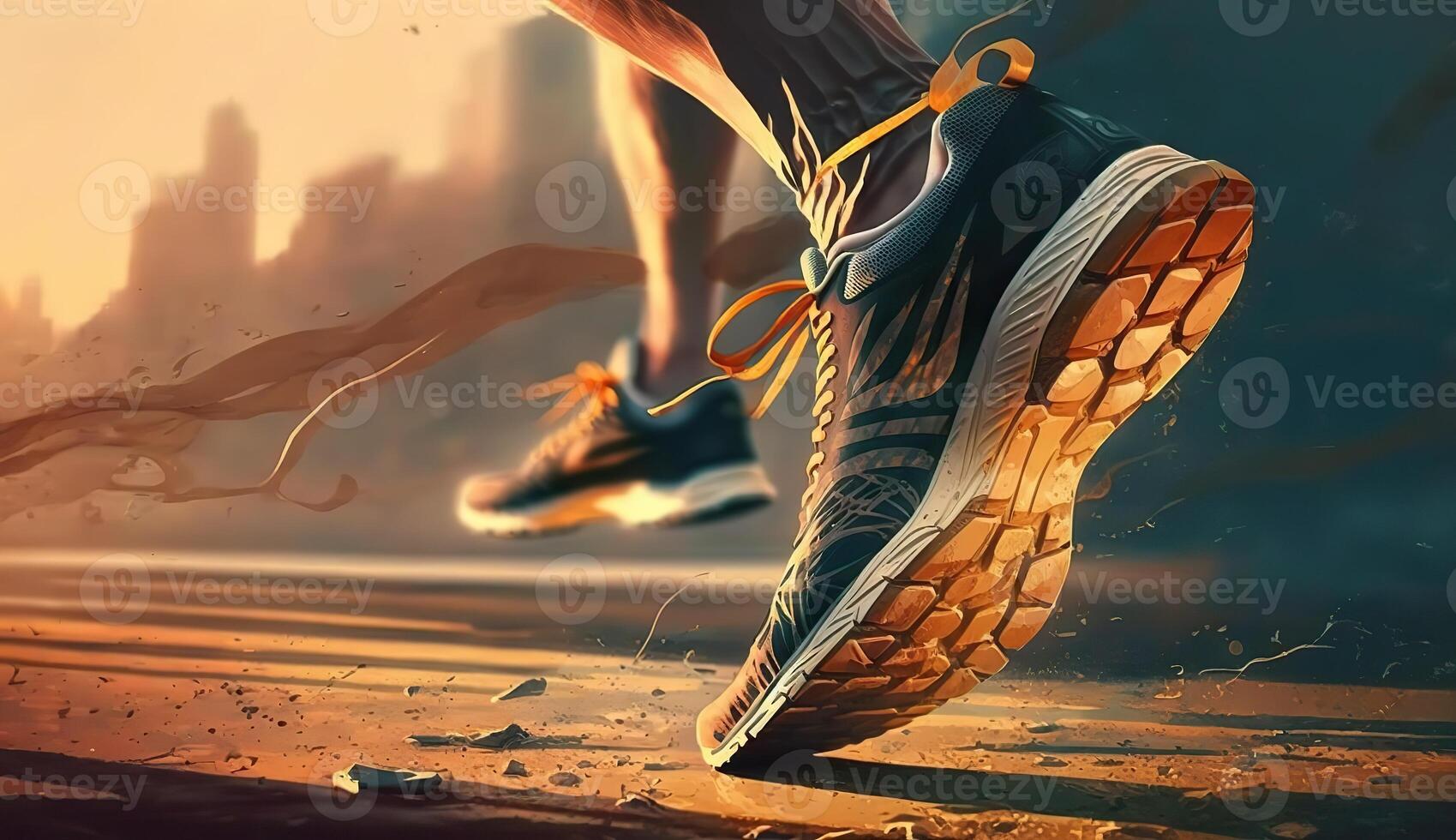. . Photo shot realistic of running jogging walking person in the urban city park. Outdoor adventure sport vibe. Graphic Art