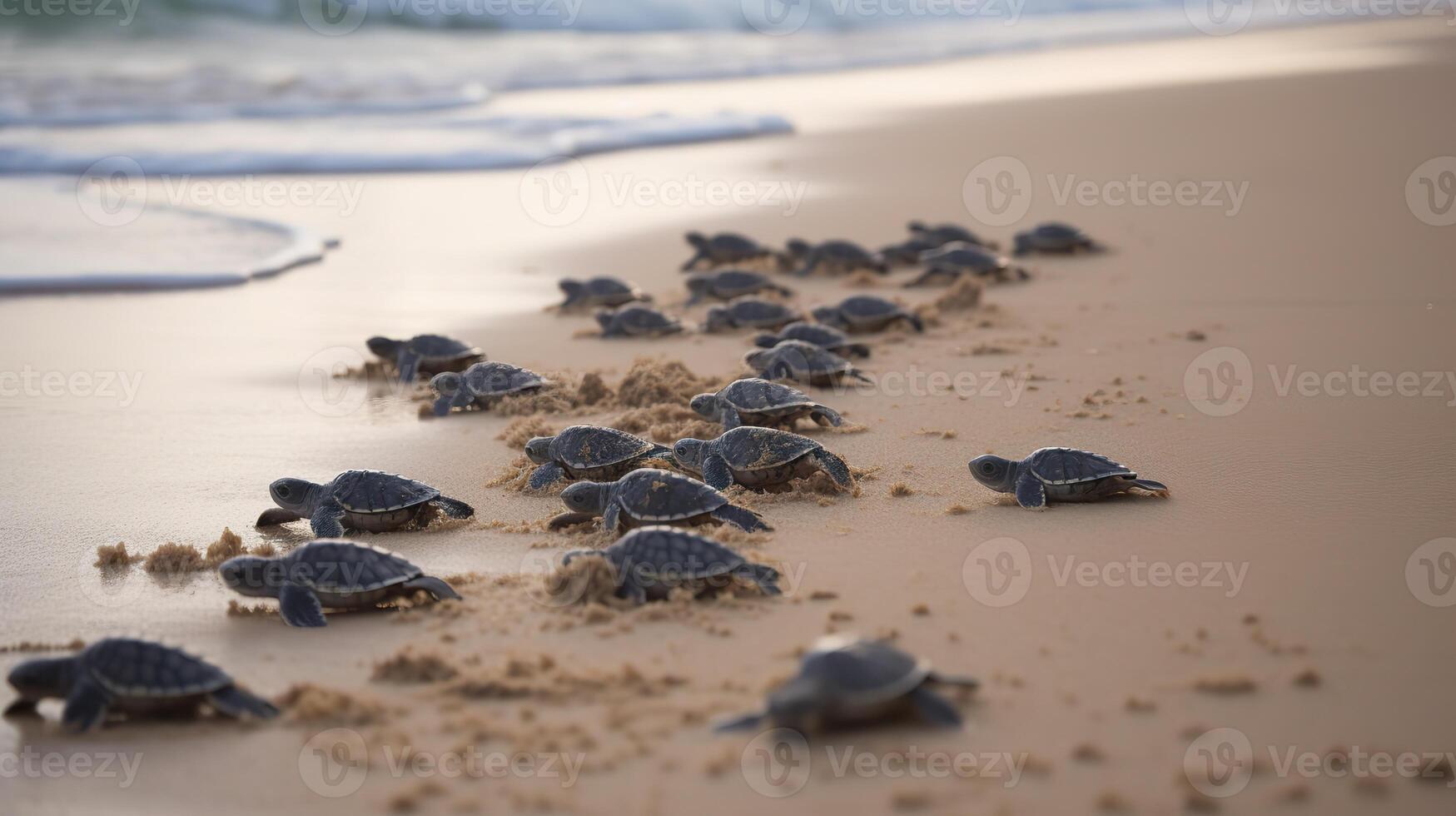 . . Macro shot of turtles running to the water ocean sea. Photo of national geography style. Graphic Art