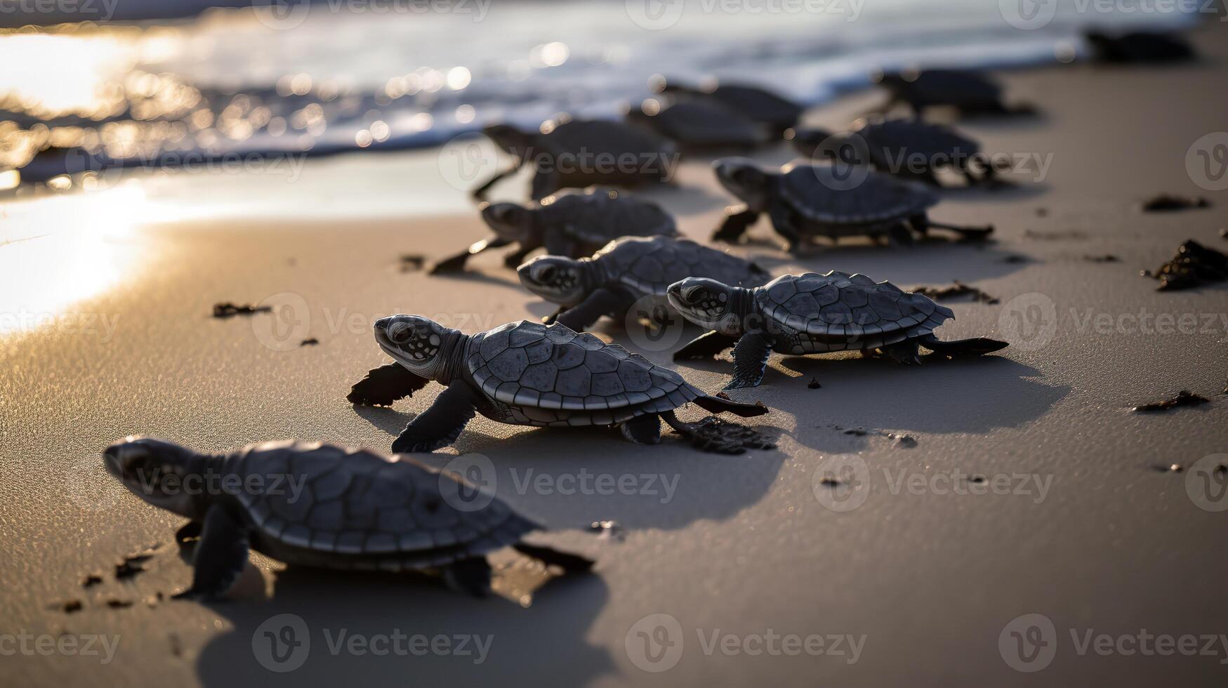 . . Macro shot of turtles running to the water ocean sea. Photo of national geography style. Graphic Art