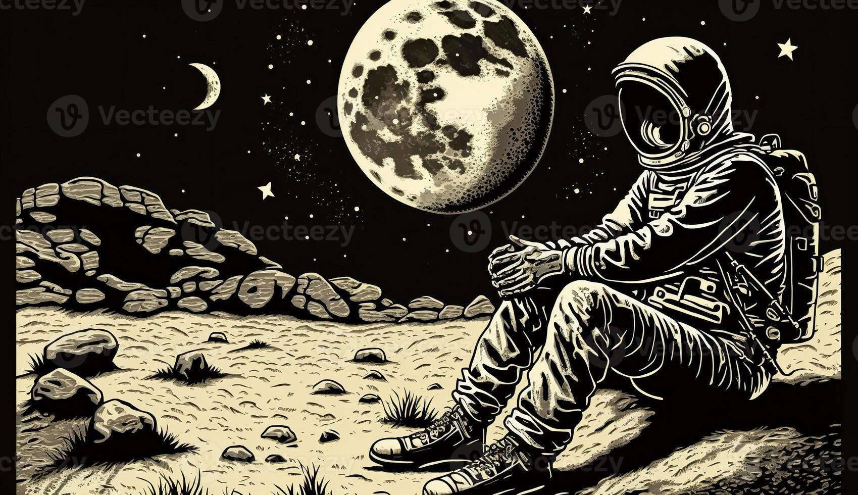 . . Lonely astronaut at galaxy space moon surface. Can be used for graphic design or home posters decoration. Graphic Art. photo