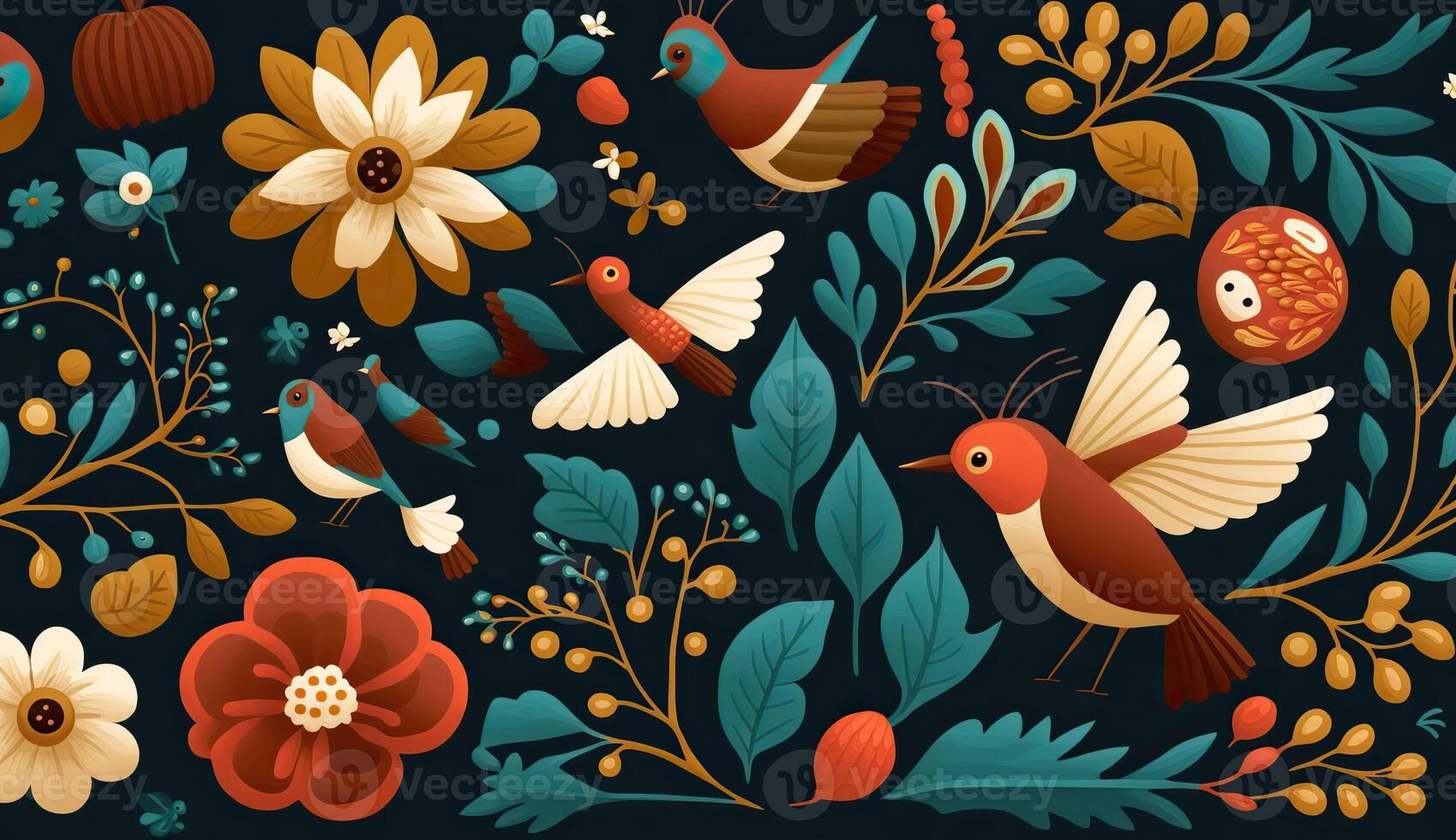 . . Abstract botanic floral flowers abstract pattern with birds. Graphic Art photo