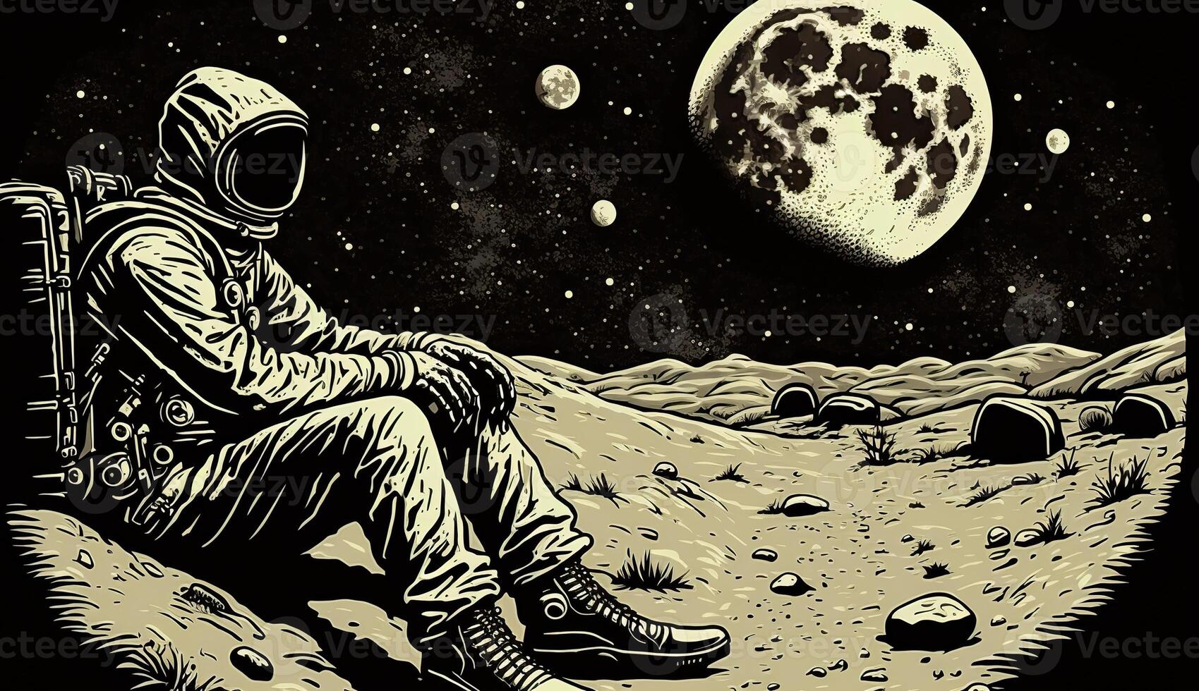 . . Lonely astronaut at galaxy space moon surface. Can be used for graphic design or home posters decoration. Graphic Art. photo