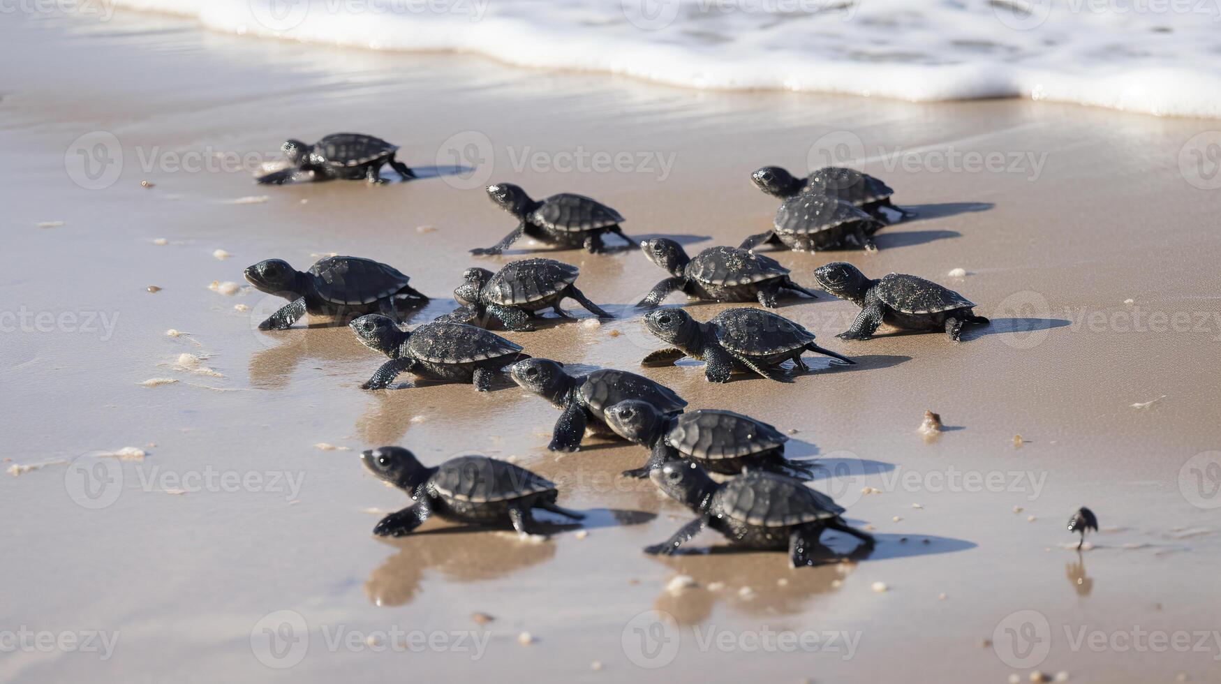 . . Macro shot of turtles running to the water ocean sea. Photo of national geography style. Graphic Art