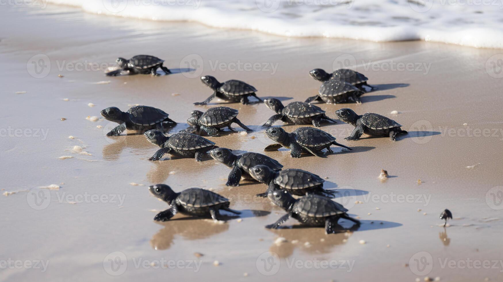 ai generado. ai generativo. macro Disparo de tortugas corriendo a el agua Oceano mar. foto de nacional geografía estilo. gráfico Arte