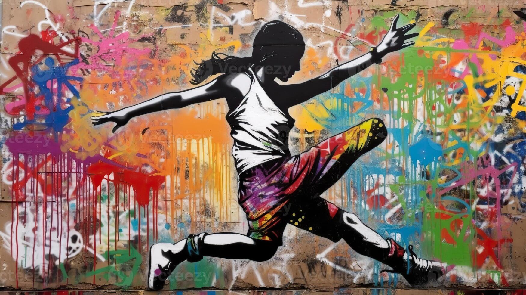 Street art graffiti of dancing person music rhythm. Inspired by Banksy
