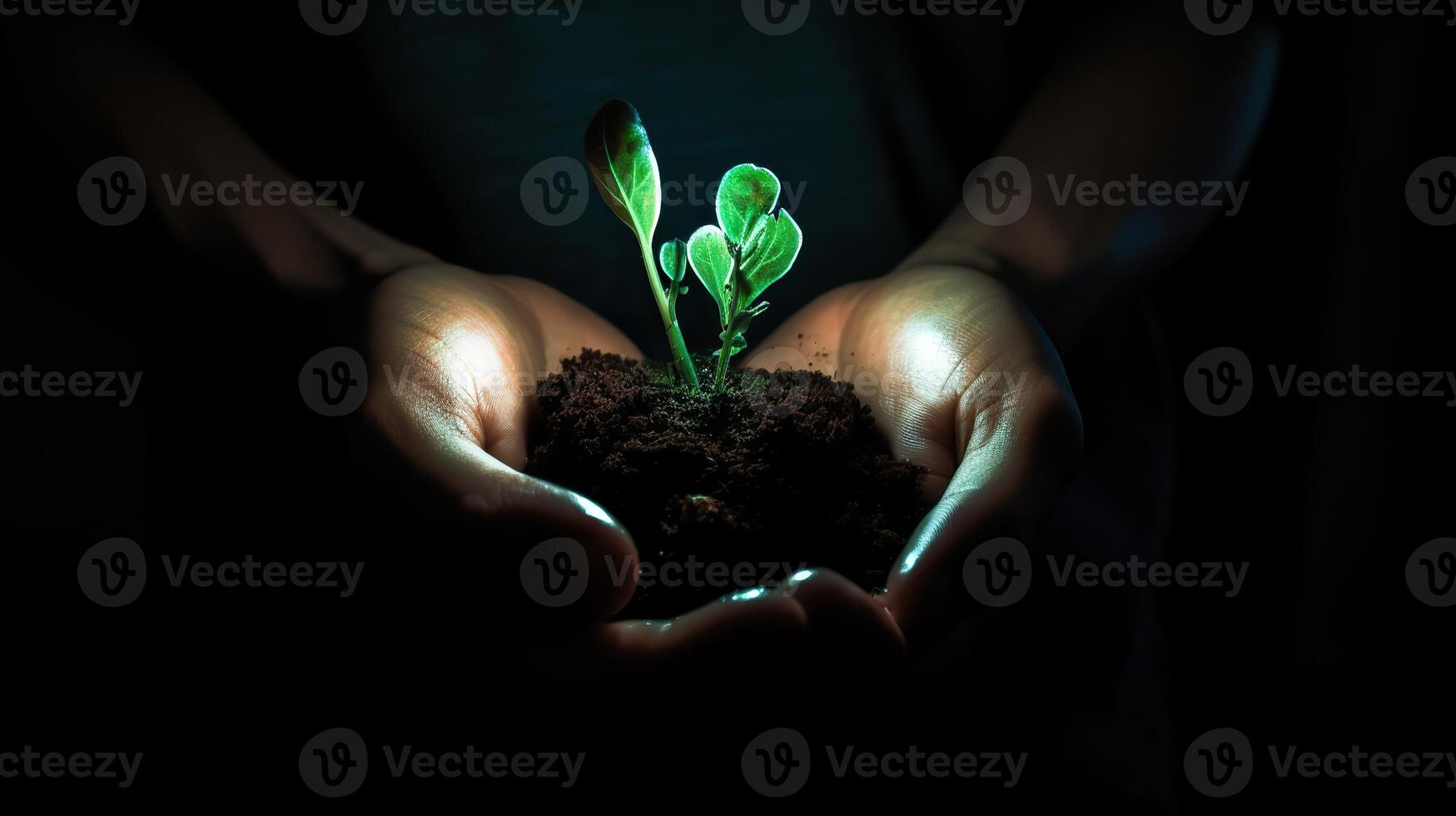 . . Photography concept of man holding earth with a little green glowing seedling that is sprouting. Photo of new life beginning inspiration. Graphic Art