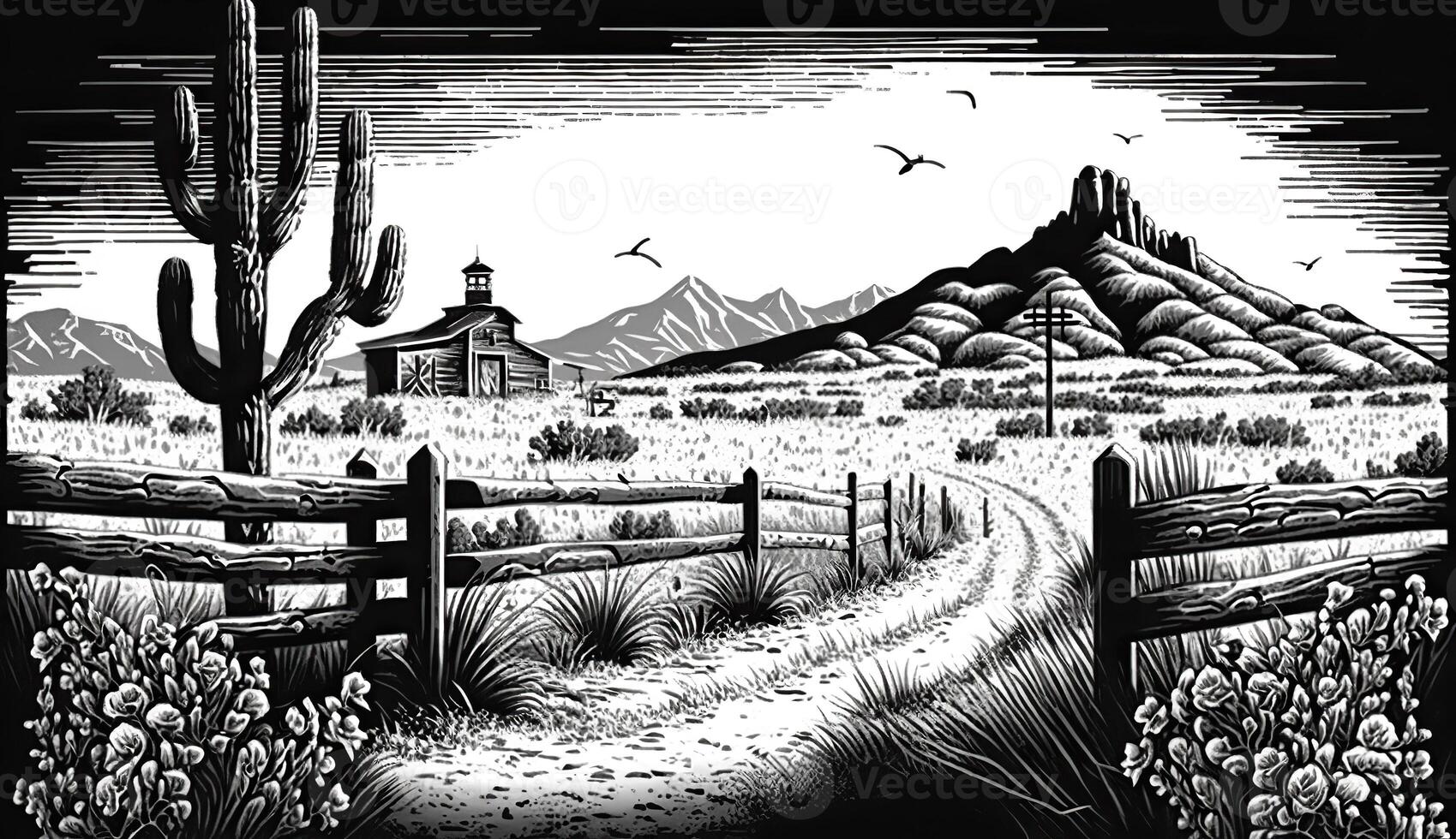 . . Native american western scene background with and rocks landscape. Can be used for home decoration. Wild west. Black and white. Graphic Art photo