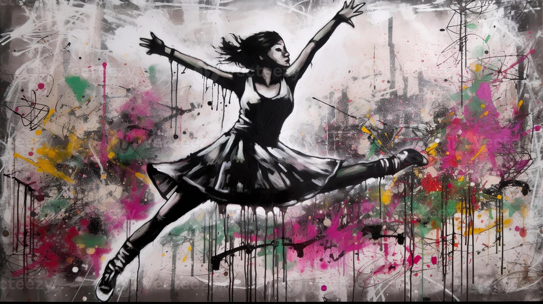 . . Street art graffiti of dancing person music rhythm. Inspired by Banksy underground culture. Graphic Art photo