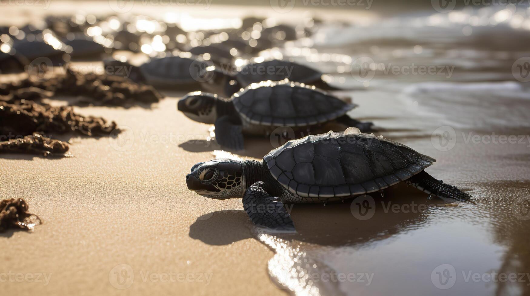 . . Macro shot of turtles running to the water ocean sea. Photo of national geography style. Graphic Art