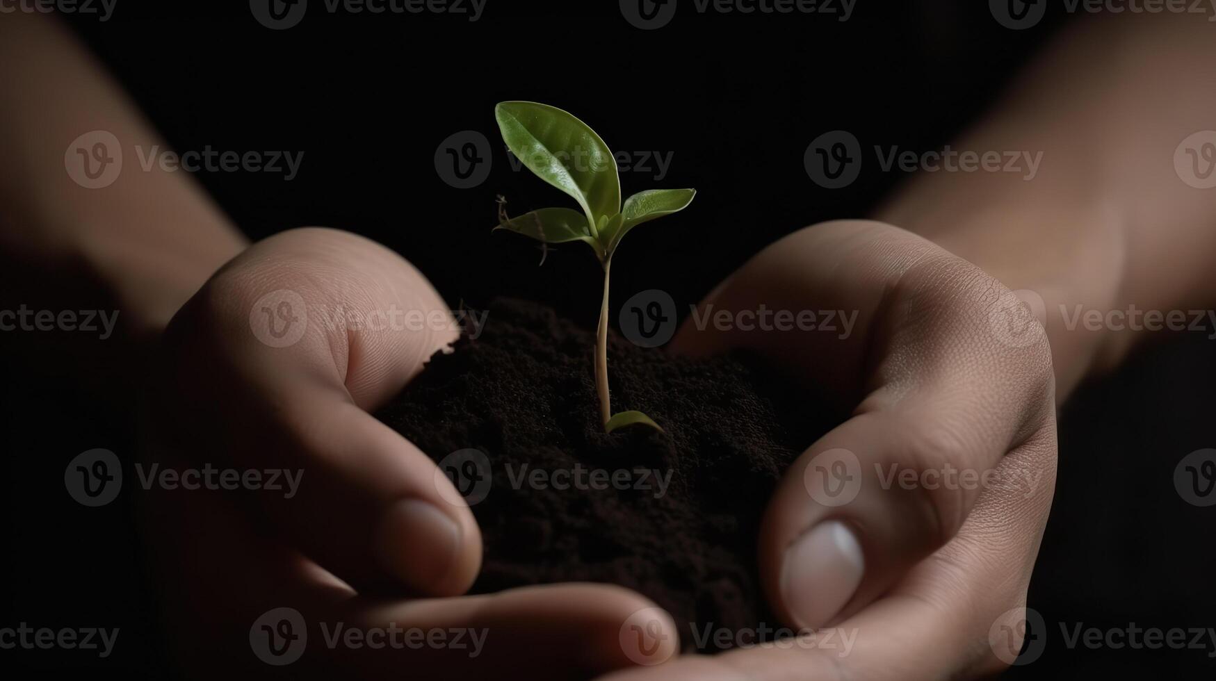 . . Photography concept of man holding earth with a little green glowing seedling that is sprouting. Photo of new life beginning inspiration. Graphic Art