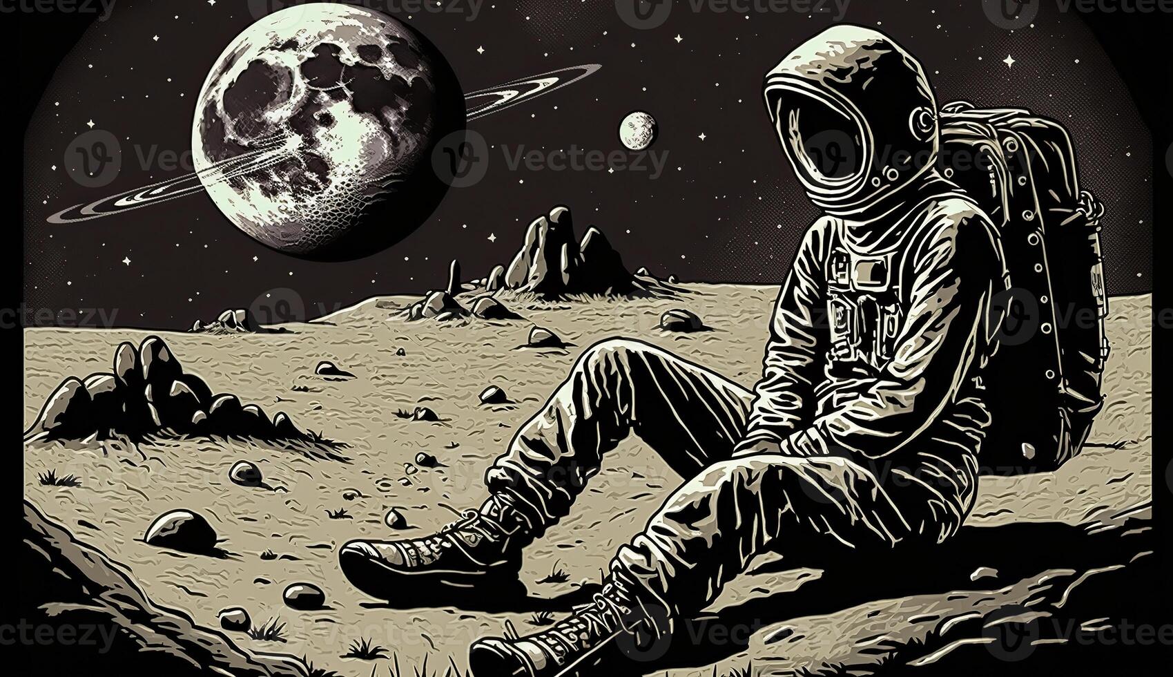 . . Lonely astronaut at galaxy space moon surface. Can be used for graphic design or home posters decoration. Graphic Art. photo
