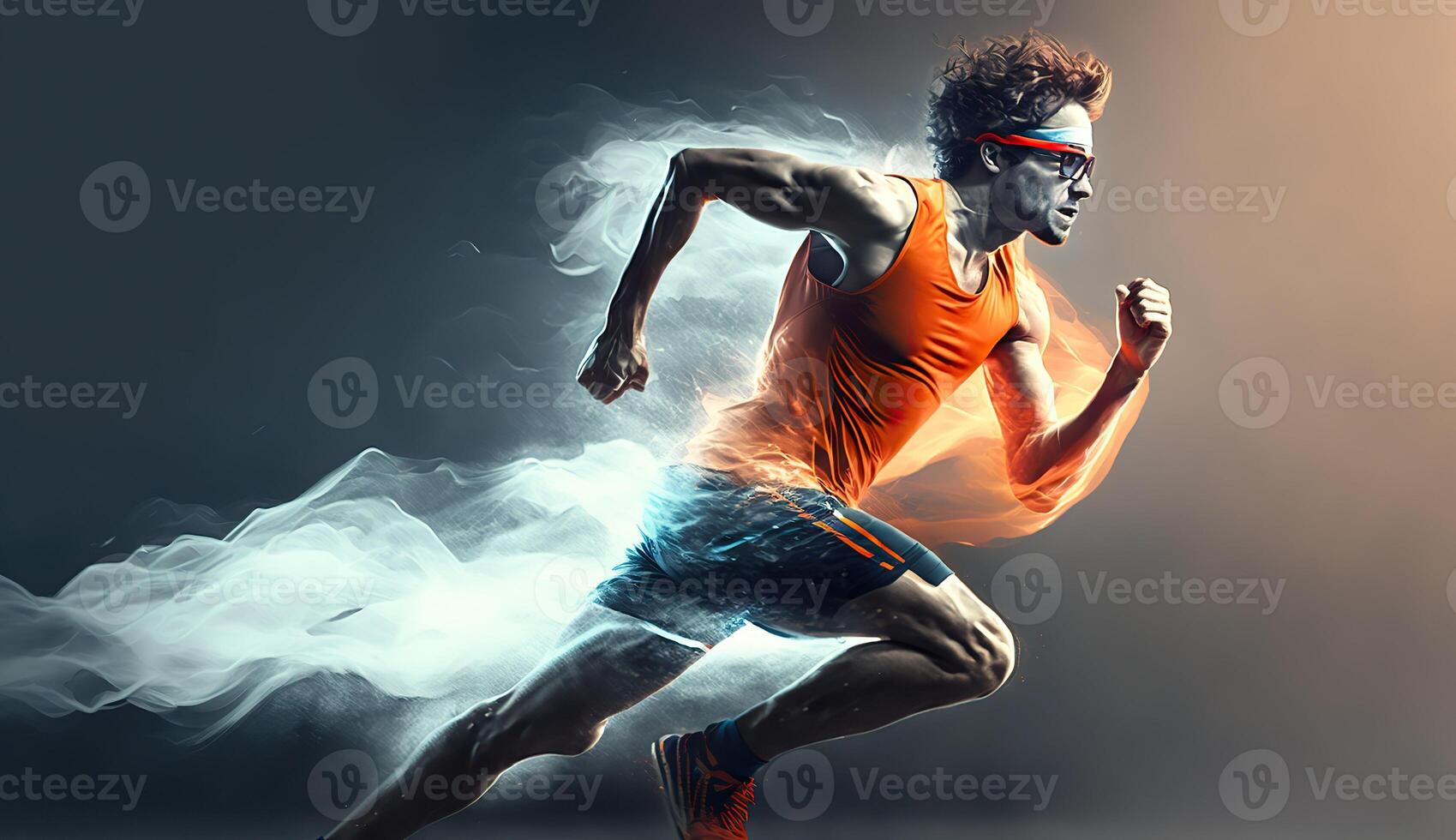 . . Photo shot realistic of running jogging walking man in the urban city park. Outdoor adventure superhero flash vibe. Graphic Art