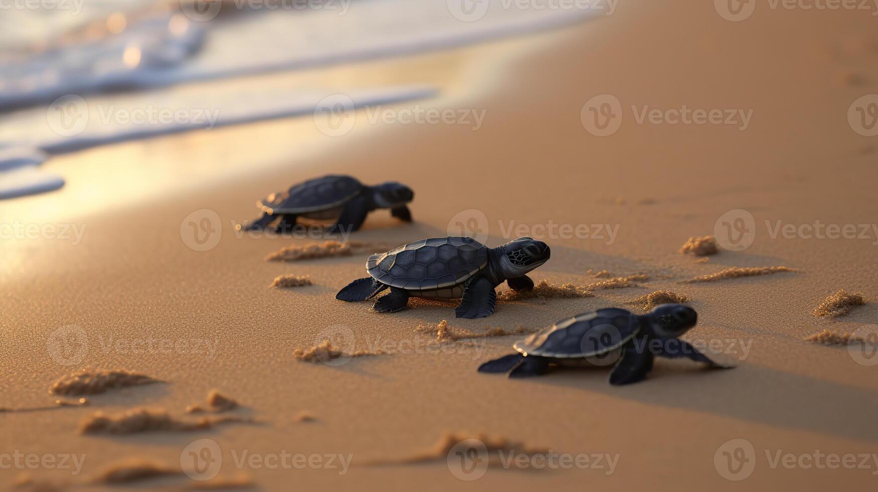 ai generado. ai generativo. macro Disparo de tortugas corriendo a el agua Oceano mar. foto de nacional geografía estilo. gráfico Arte