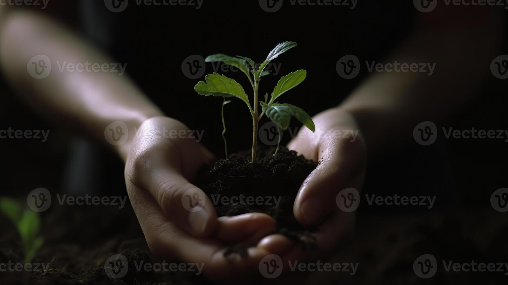 . . Photography concept of man holding earth with a little green glowing seedling that is sprouting. Photo of new life beginning inspiration. Graphic Art