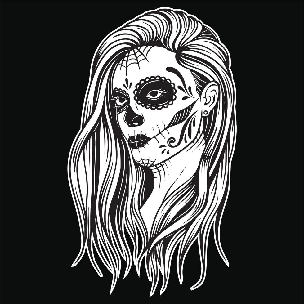 Sugar skull girl Muertos girl face with flower roses painting Lady vintage style illustration vector