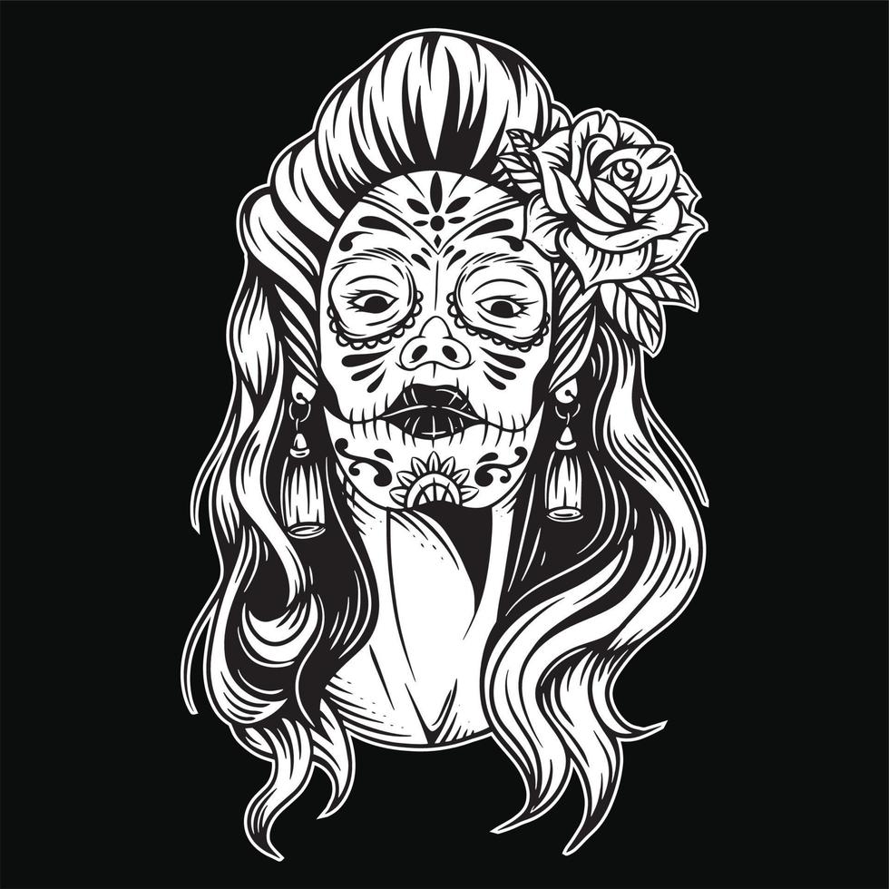 Sugar skull girl Muertos girl face with flower roses painting Lady vintage style illustration vector