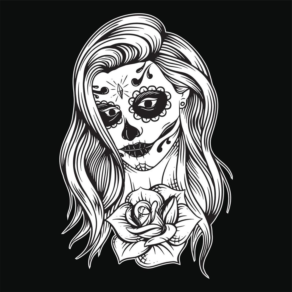 azúcar cráneo niña muertos niña cara con flor rosas pintura dama Clásico estilo ilustración vector