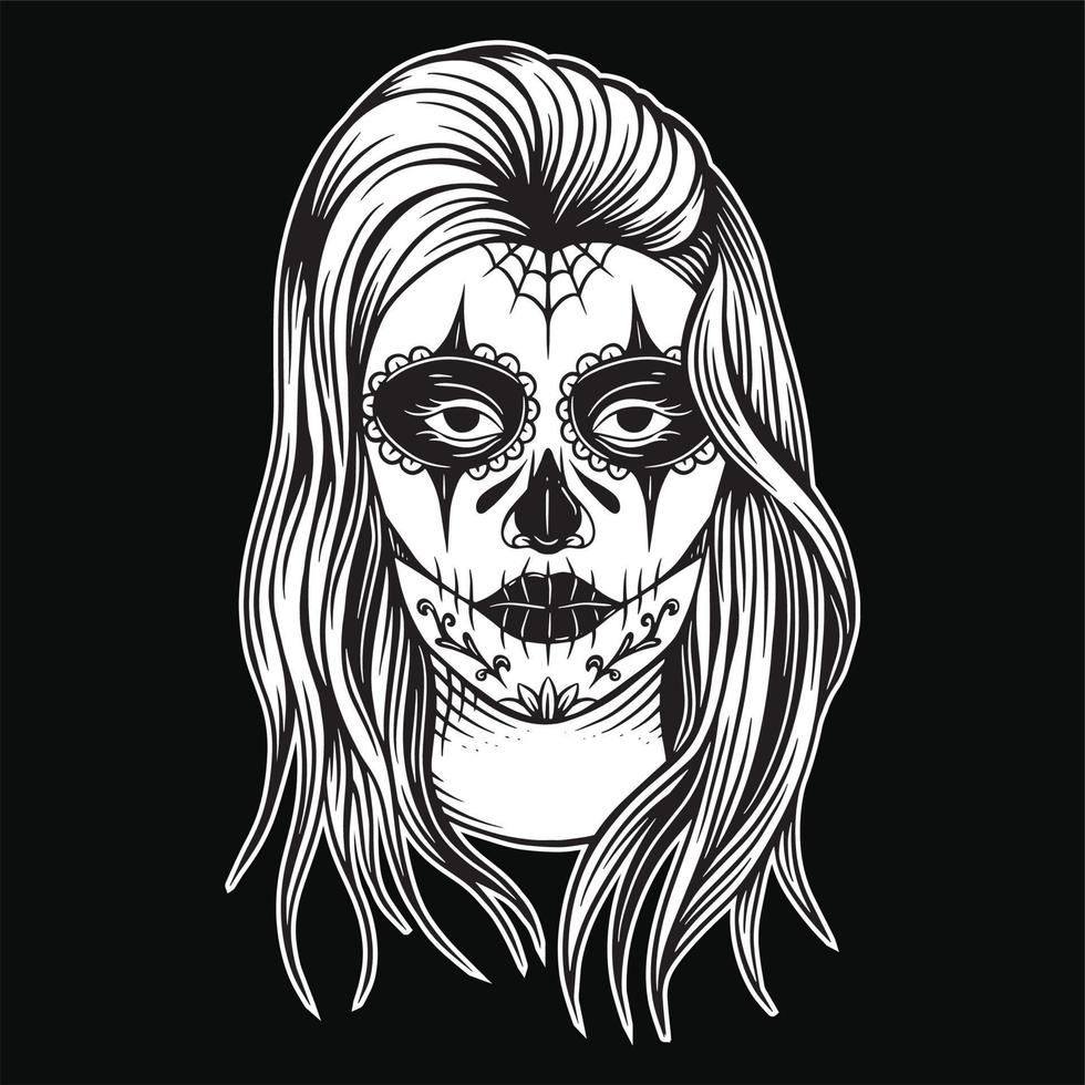 Sugar skull girl Muertos girl face with flower roses painting Lady vintage style illustration vector
