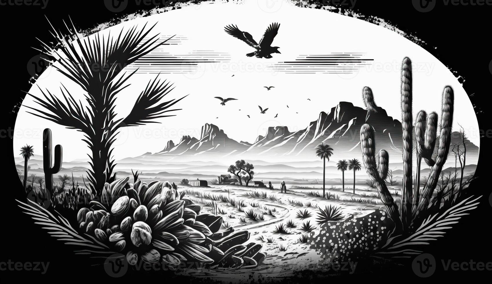 . . Native american western scene background with and rocks landscape. Can be used for home decoration. Wild west. Black and white. Graphic Art photo