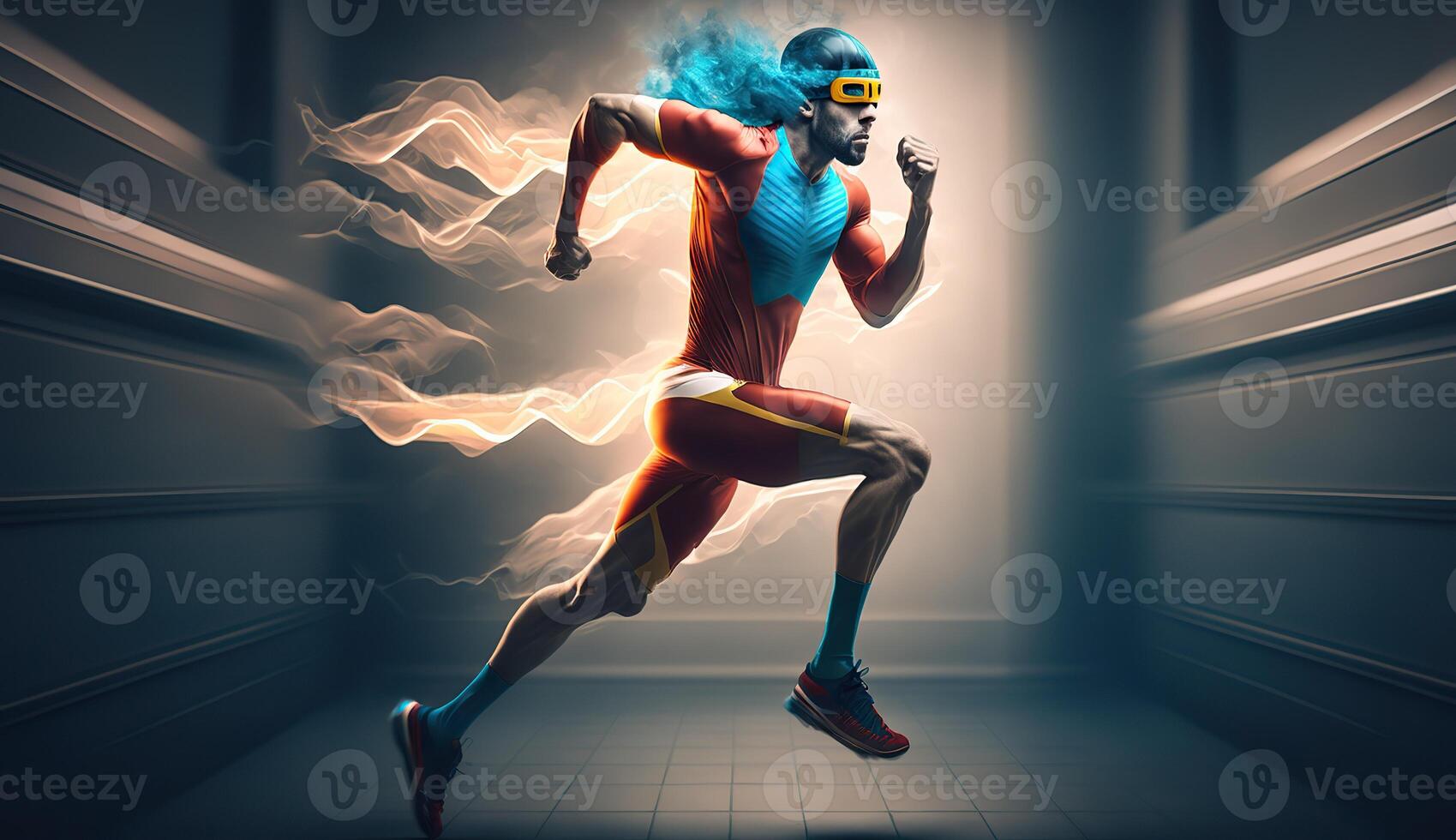 . . Photo shot realistic of running jogging walking man in the urban city park. Outdoor adventure superhero flash vibe. Graphic Art